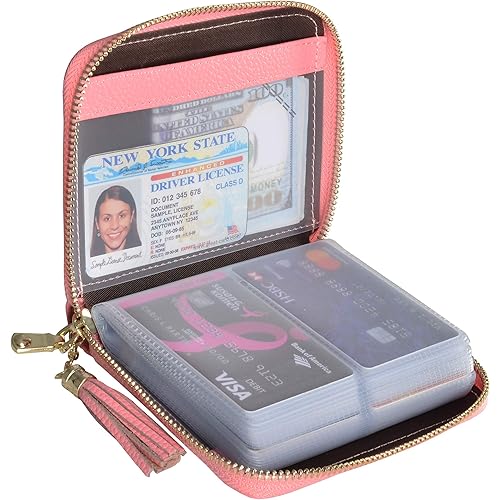Easyoulife Womens Credit Card Holder Wallet Zip Leather Card Case RFID Blocking (Pink)