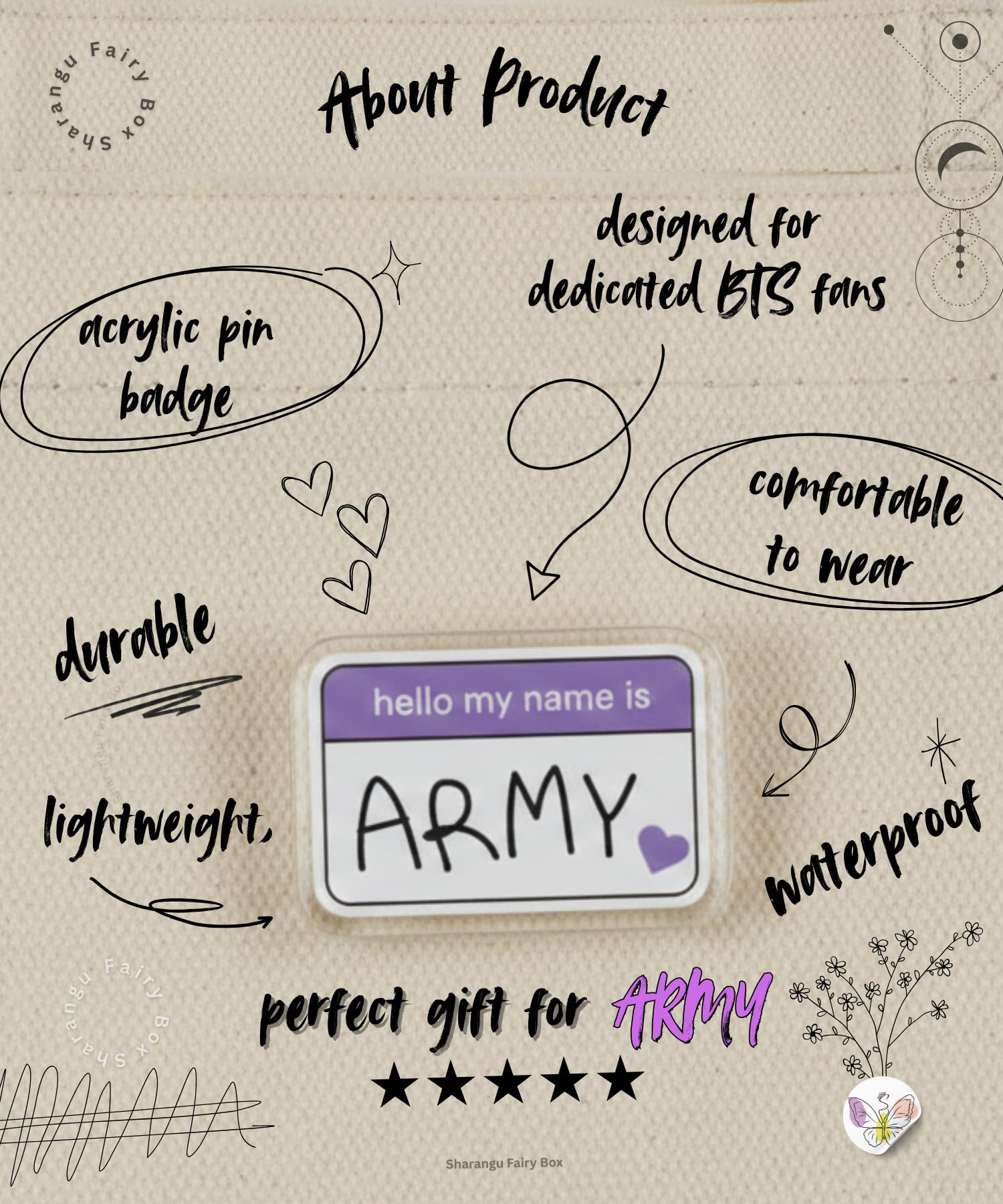 Hello My Name Is ARMY Acrylic Pin Badge for BTS Fans |Lightweight Waterproof Brooch for Bags, Backpacks & Jackets | Lightweight Acrylic Pin | K-Pop Badge | Merchandise Gift for BTS Fans 1