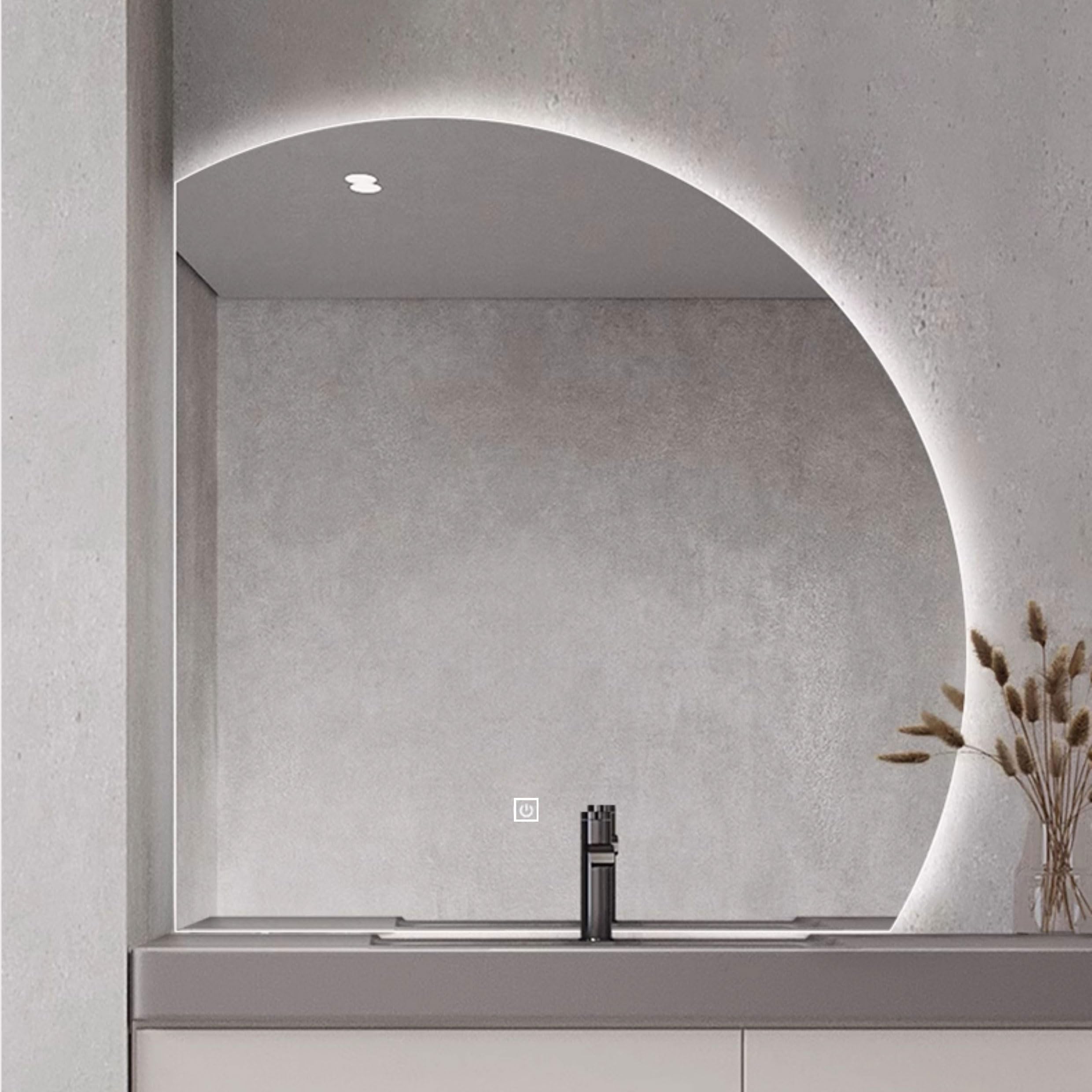 WJFTODAY Dimmable Smart Bathroom Mirror - Illuminated Half Circle Wall-Mounted Vanity Mirror with 3 Color Settings for Ideal Lighting, Makeup & Grooming