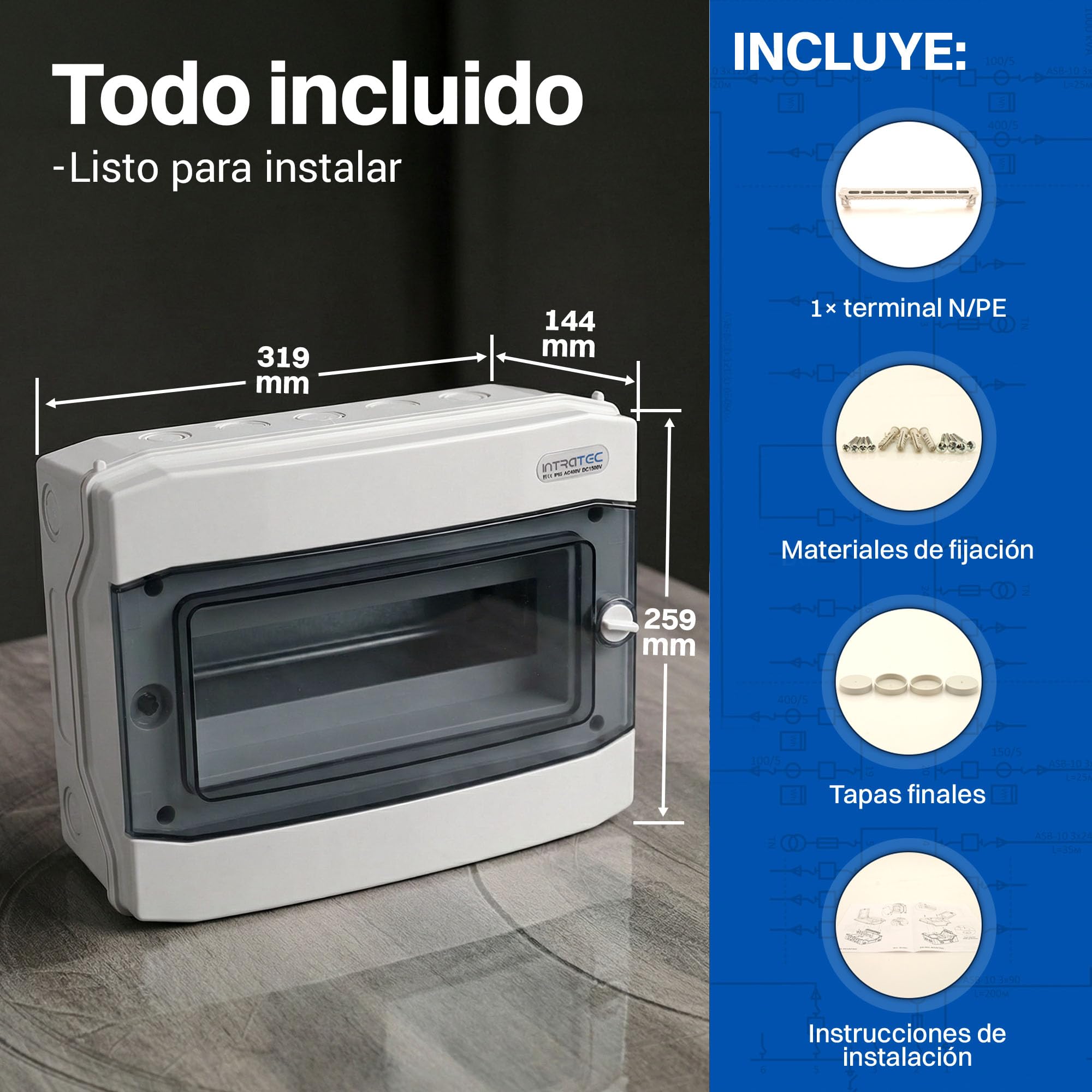 Intratec Caja de Distribución Superficie 1 Fila IP65 – Cuadro Eléctrico para 12 Módulos DIN – Caja de Subdistribución Estanca para Exterior Garaje – 400VAC 1500VDC, 318 x 259 x 144 mm - 5 Pack