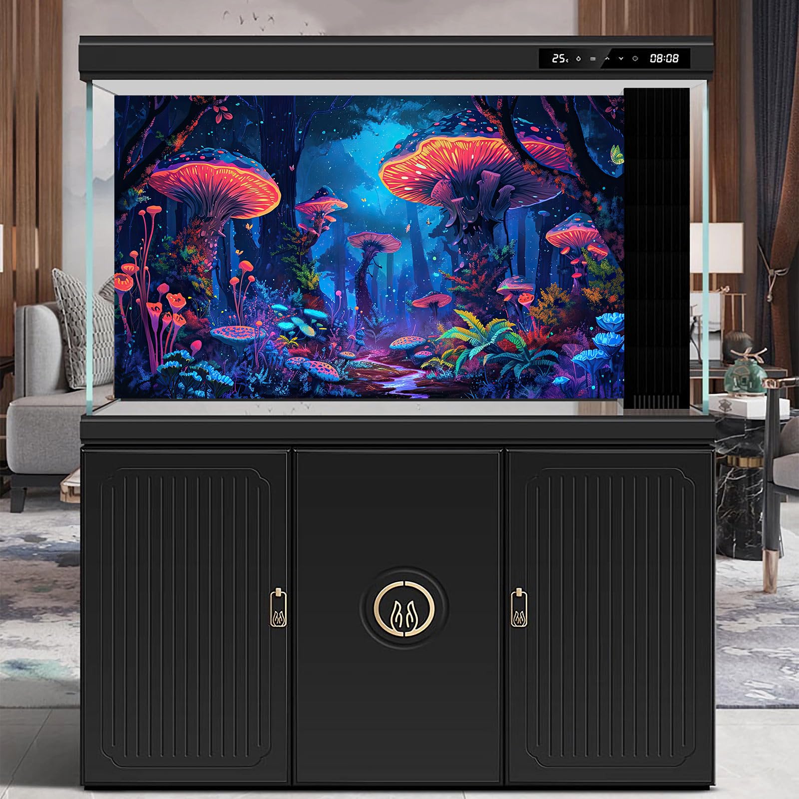 Fondo de acuario de setas, flores brillantes, mariposas, peceras, telón de fondo, decoración de paisaje trippy del país de las maravillas con hongos místicos gigantes, decoración de fondo de terrario,