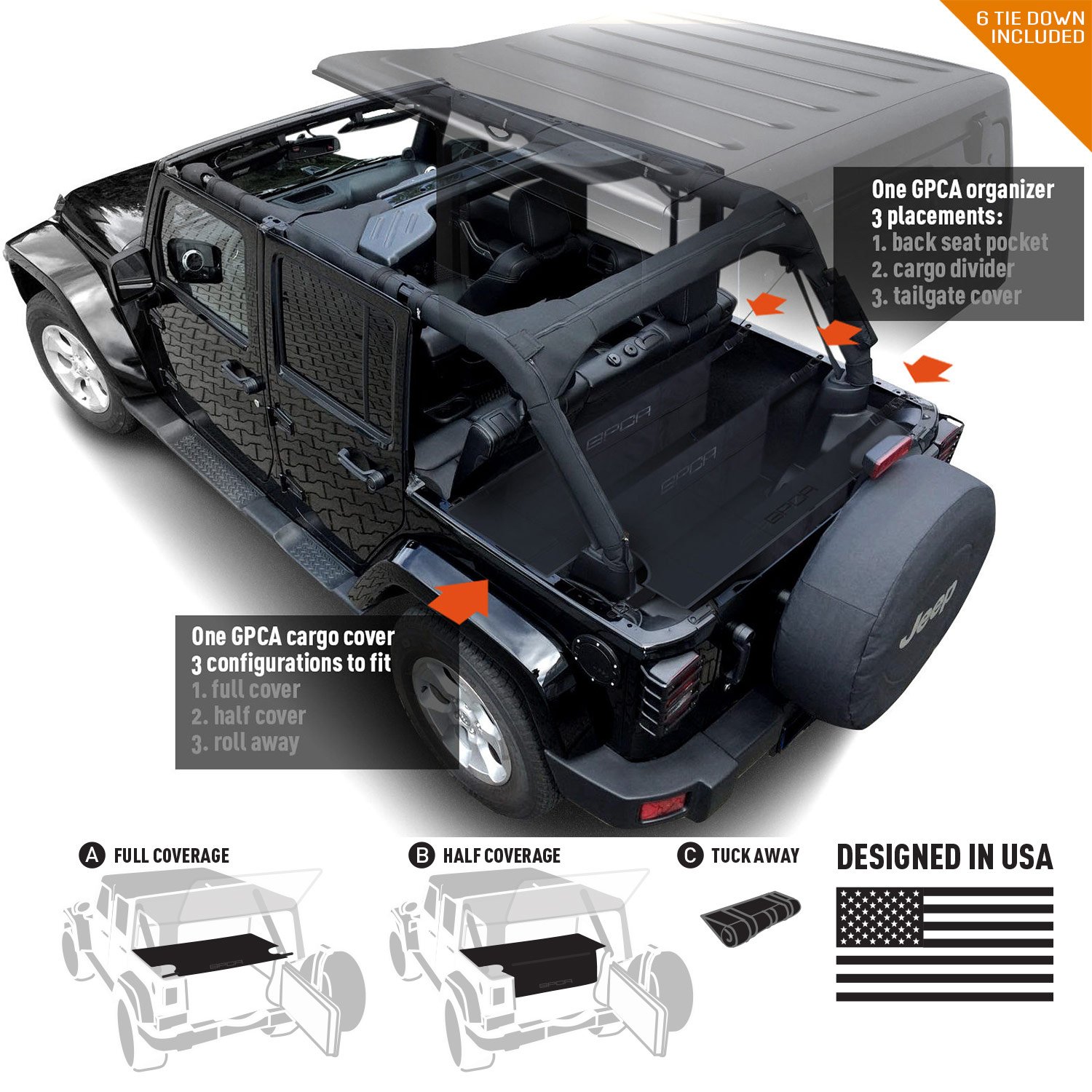 GPCA - Freedom Pack LITE, With Cargo Cover LITE Plus and Car Organizer, Trunk Cover and Car Trunk Organizer, Accessories for Wrangler JK, 4DR Sport, Sahara, Rubicon, and Freedom Unlimited 2007-2018