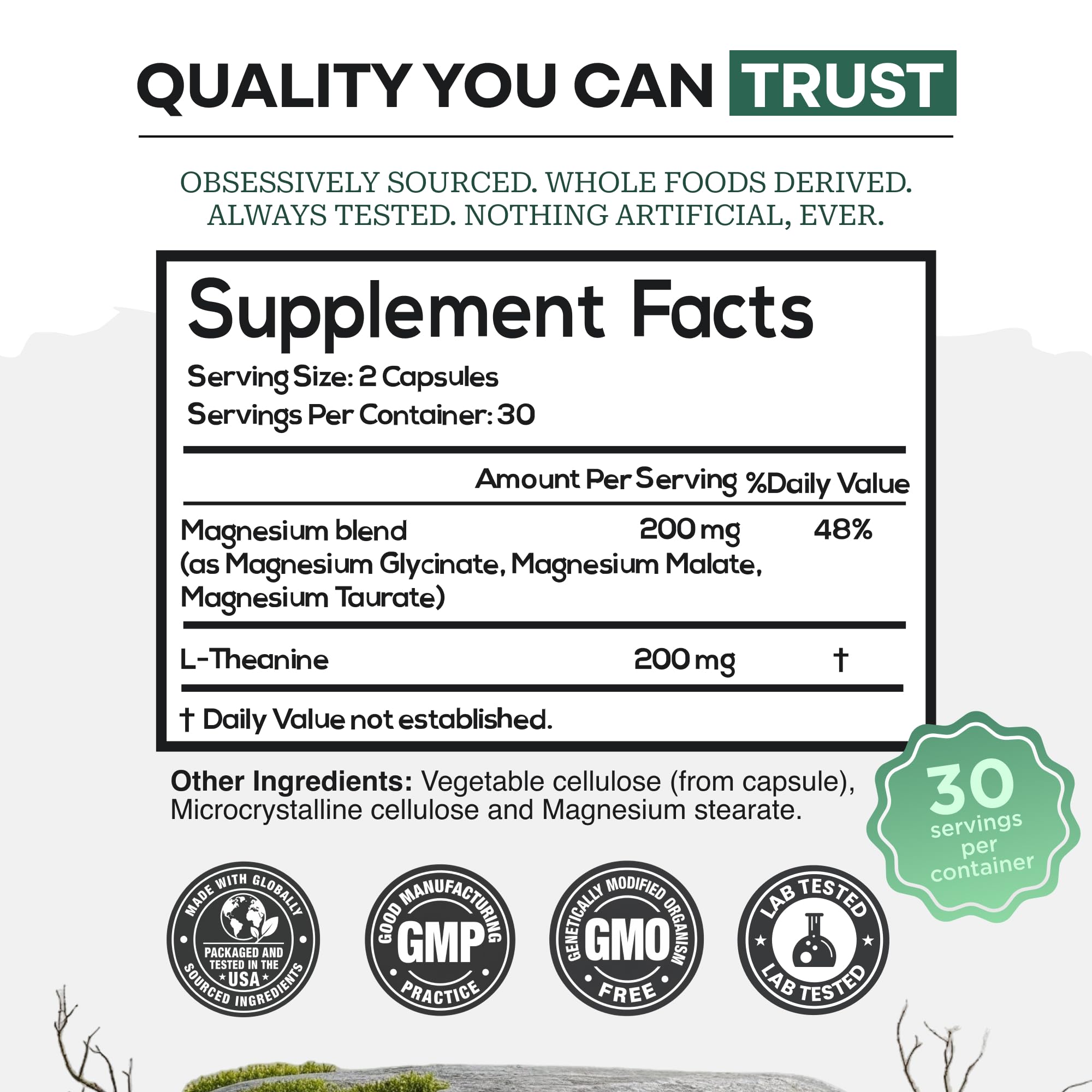 Wild Foods 3 in 1 Magnesium Glycinate L Theanine for Calm Sleep & Muscle Relaxation - Glycinate, Malate, Taurate - 100% Natural Magnesium Complex for Women and Men - 60 Capsules — Amazon image 5