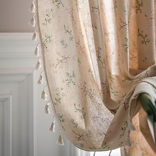 Farmhouse Floral Curtains for Living Room Bedroom Linen Blend Boho Window Curtain 63 Inch Long 2 Panels,Flower Patterned Drapes Silver Grommet Tassel Home Decor Light Blocking Drapes