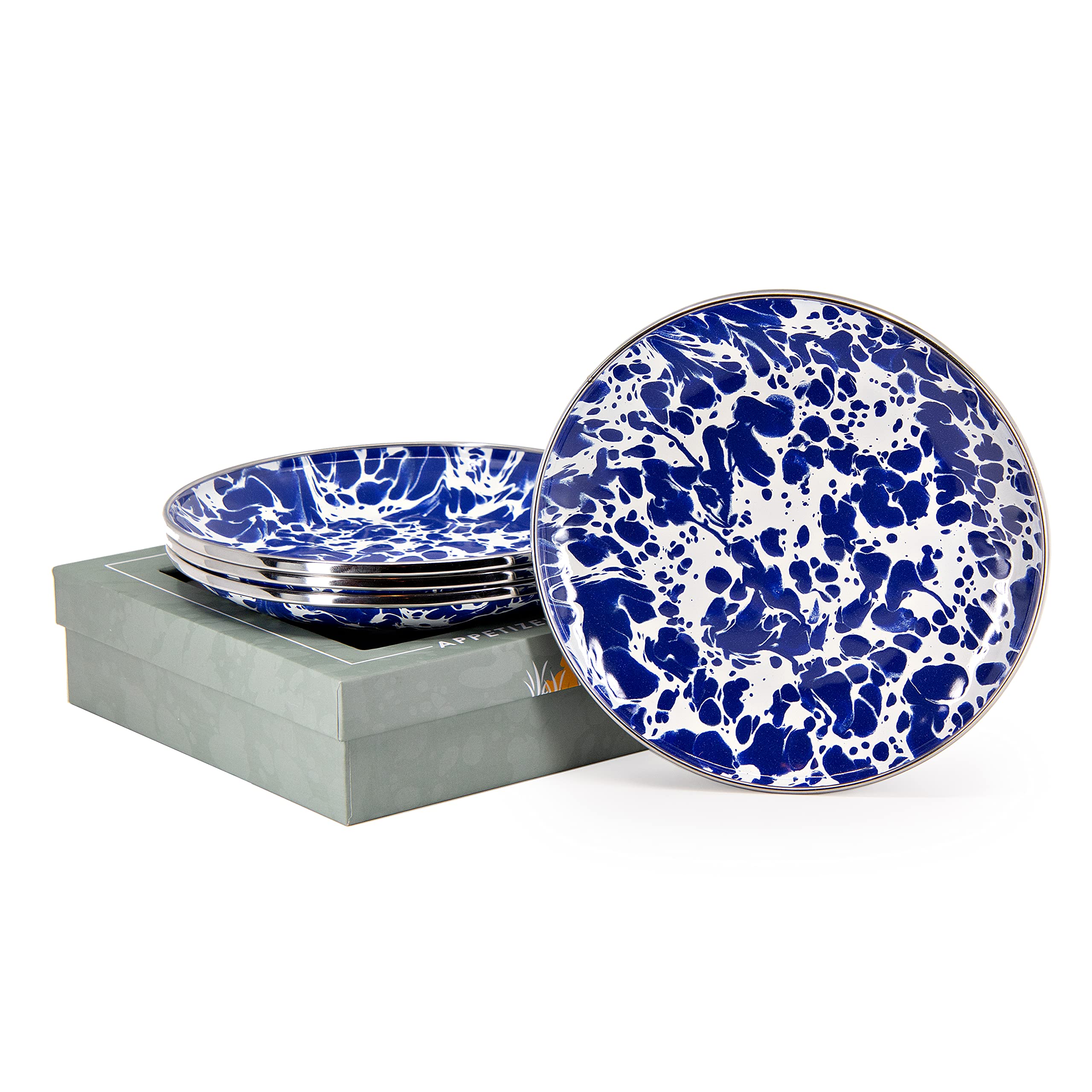 Golden Rabbit Enamelware - Set of 4 - Appetizer Plates Gift Set (Cobalt Swirl)