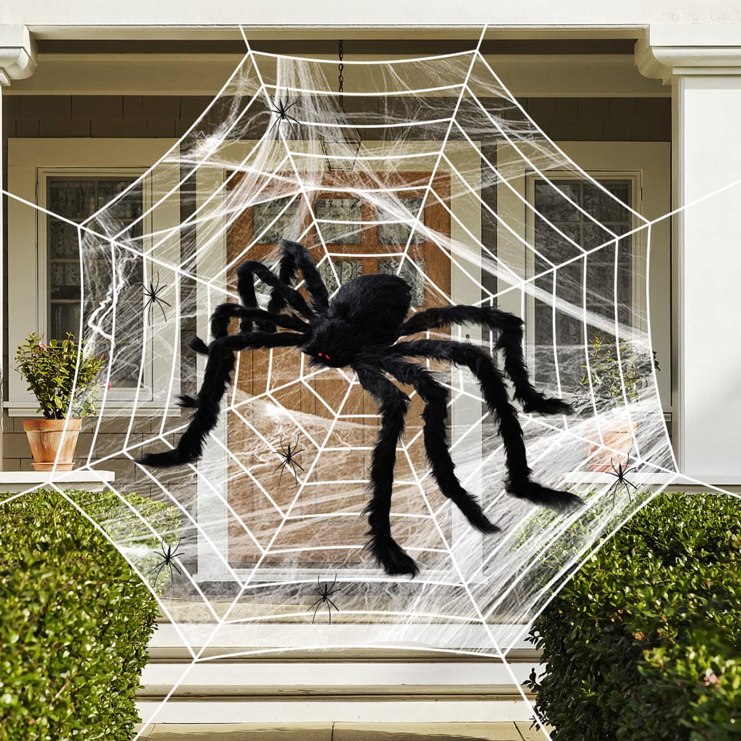 Outdoor Halloween Decorations Spider Web 5 FT Giant Spider + Diameter of 11.8 FT Circular Spider Web + 60g Spider Web + 6 Tiny Spiders