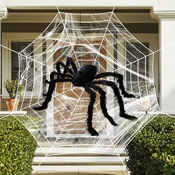 Leuceiy Outdoor Halloween Decorations Spider Web 5 FT Giant Spider + Diameter of 11.8 FT Circular Spider Web + 60g Spider Web + 6 Tiny Spiders