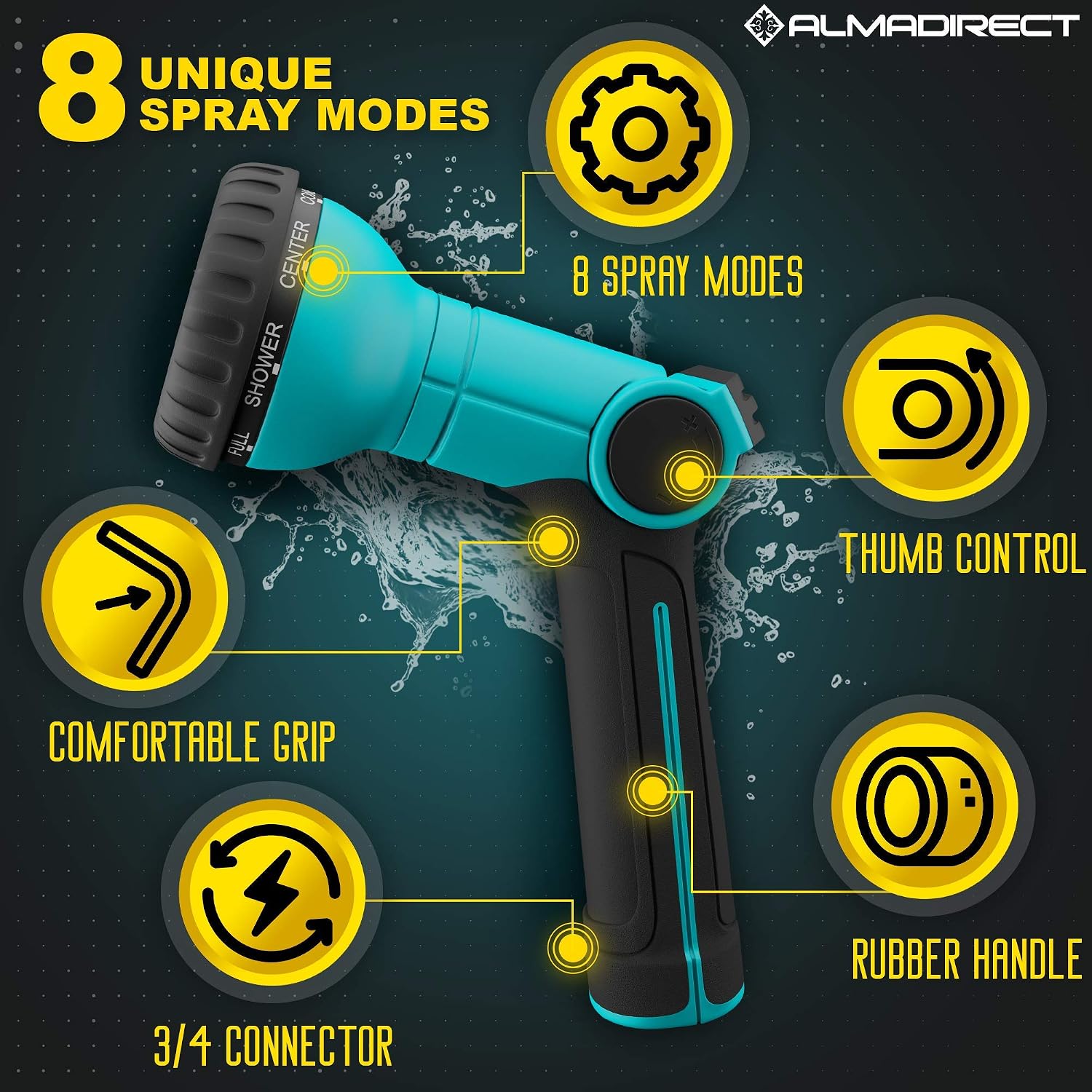 ALMA Garden Hose Nozzle Sprayer with Easy THUMB CONTROL - SUPER LIGHTWEIGHT Garden Hose Sprayer Nozzle - Comfortable 8 Spray Pattern Water Hose Nozzle for Outdoor - Hose Head Attachment Handle Nozzles