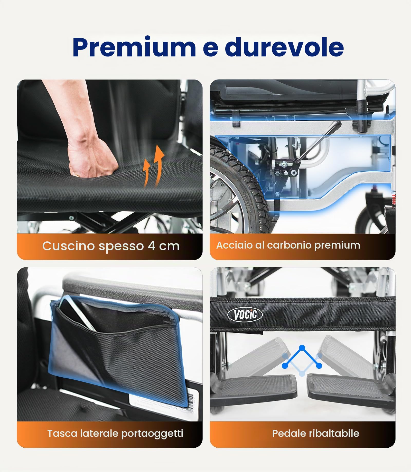 VOCIC V56 Sedia a rotelle elettrica pieghevole leggera 150KG | 30 chilometri sedia rotelle elettrica stabile con pneumatici in gomma 40cm ,500W Electric wheelchair(grigio argento)