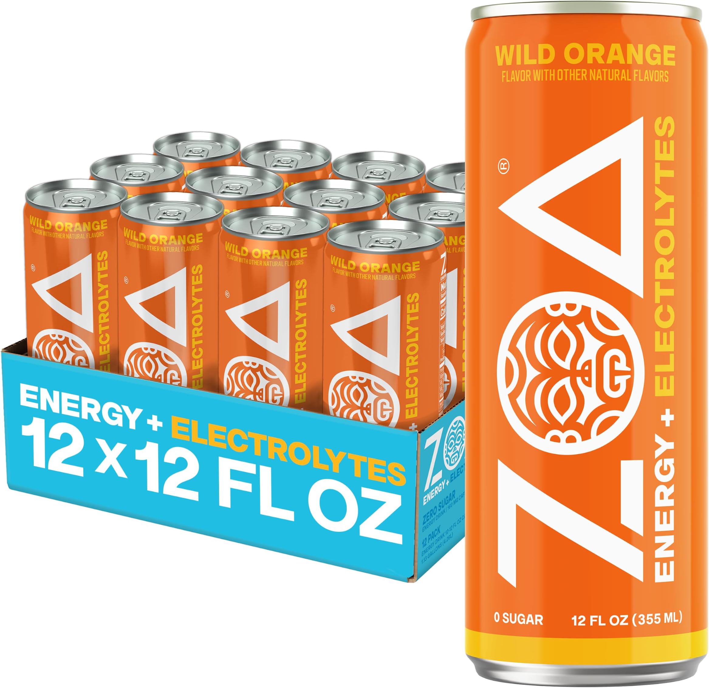 ZOA Zero Sugar Energy Drink, Wild Orange, 12 Pack, 12 Fl Oz Cans