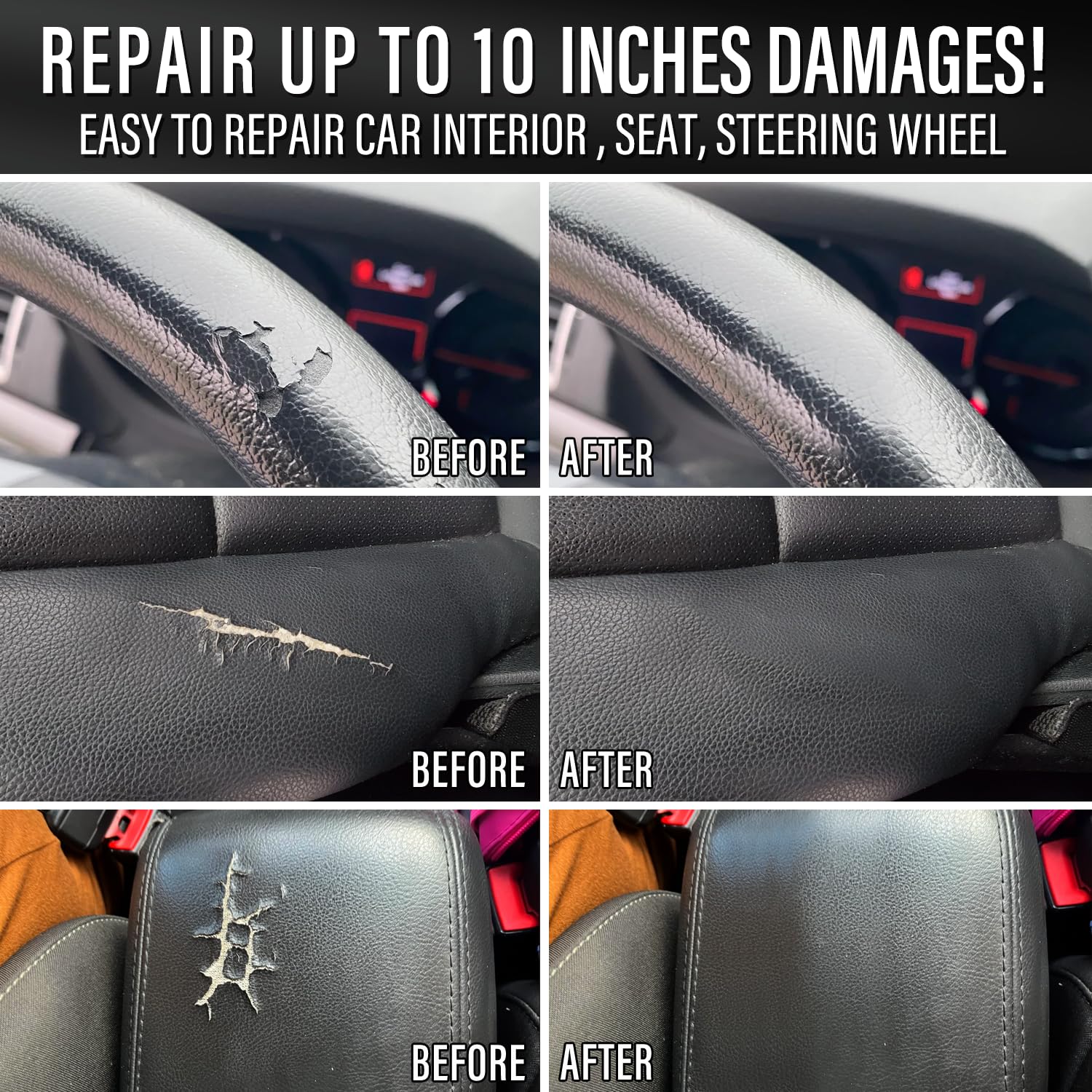 Black Leather Repair Kit for Car Interior, Vinyl Repair Kit for Car Seats, Couch, Boat, Sofa & Purse, Fix Scratch & Rip on Artificial, Faux, Genuine Leather, Easy for Anyone to Match Ideal Color