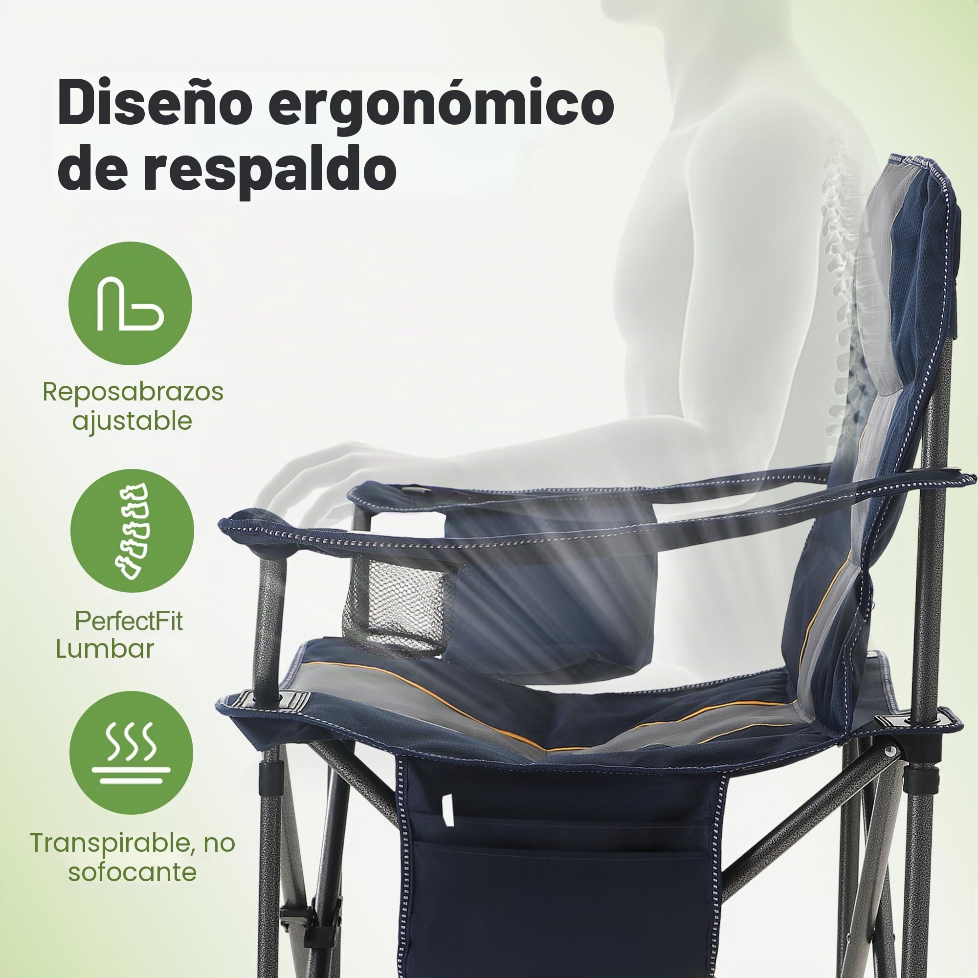 LET'S CAMP Silla de camping plegable de gran tamaño, hasta 200 kg | Con soporte para bebidas, bolsa isotérmica, silla plegable de exterior de Oxford 600D