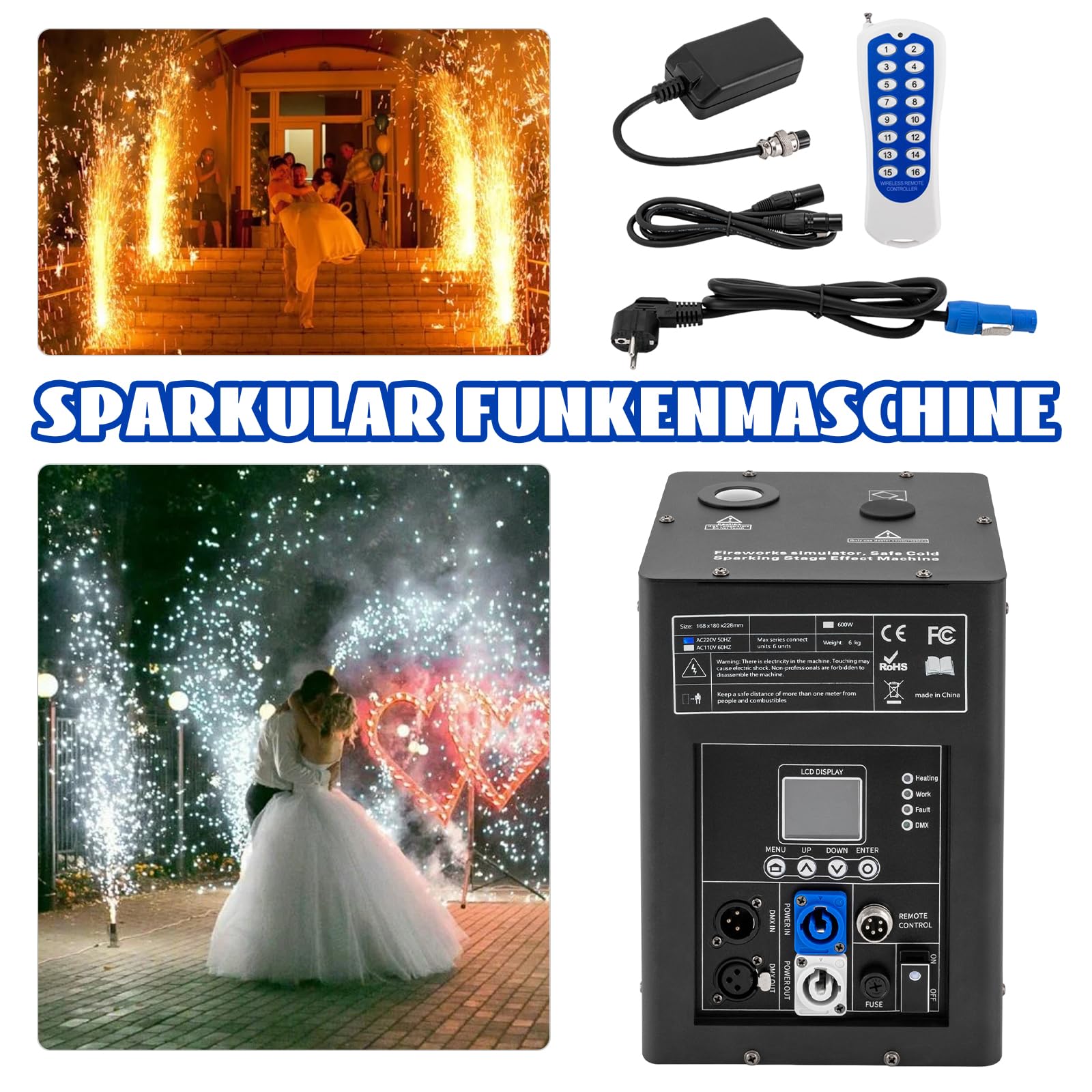 Bühneneffektmaschine 600W DMX Funkenmaschine | Drahtlose Fernbedienung | Schwarzes Metall | 2-5M Sprühhöhe | für Hochzeit, Party | Deutsche Anleitung