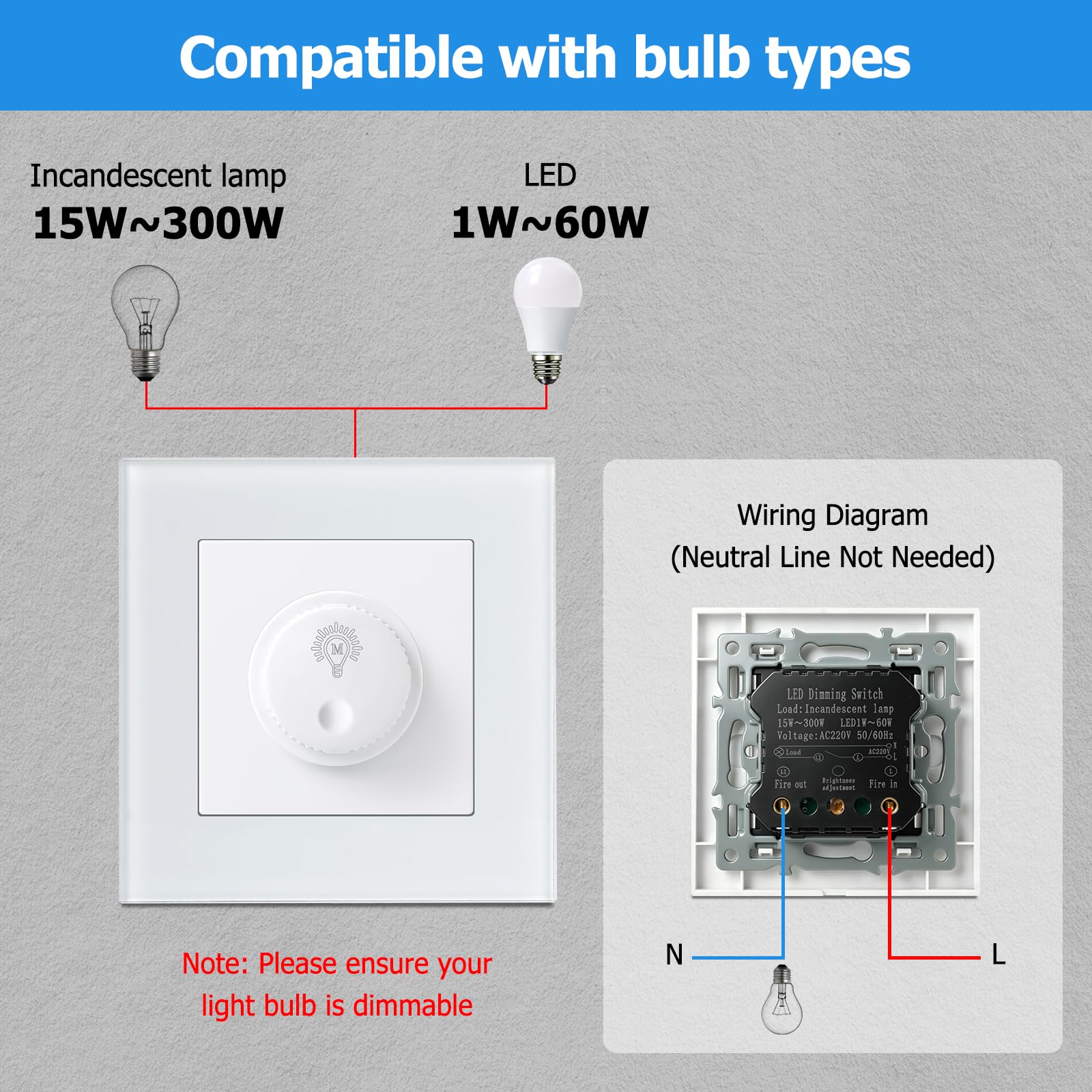 Interruptor Dimmer LED 220v, Regulador de Luz para LED Regulables de 1–60W / Halógenos de 15–300W, Dimmable Switch Protección Segura, Sin Ruido