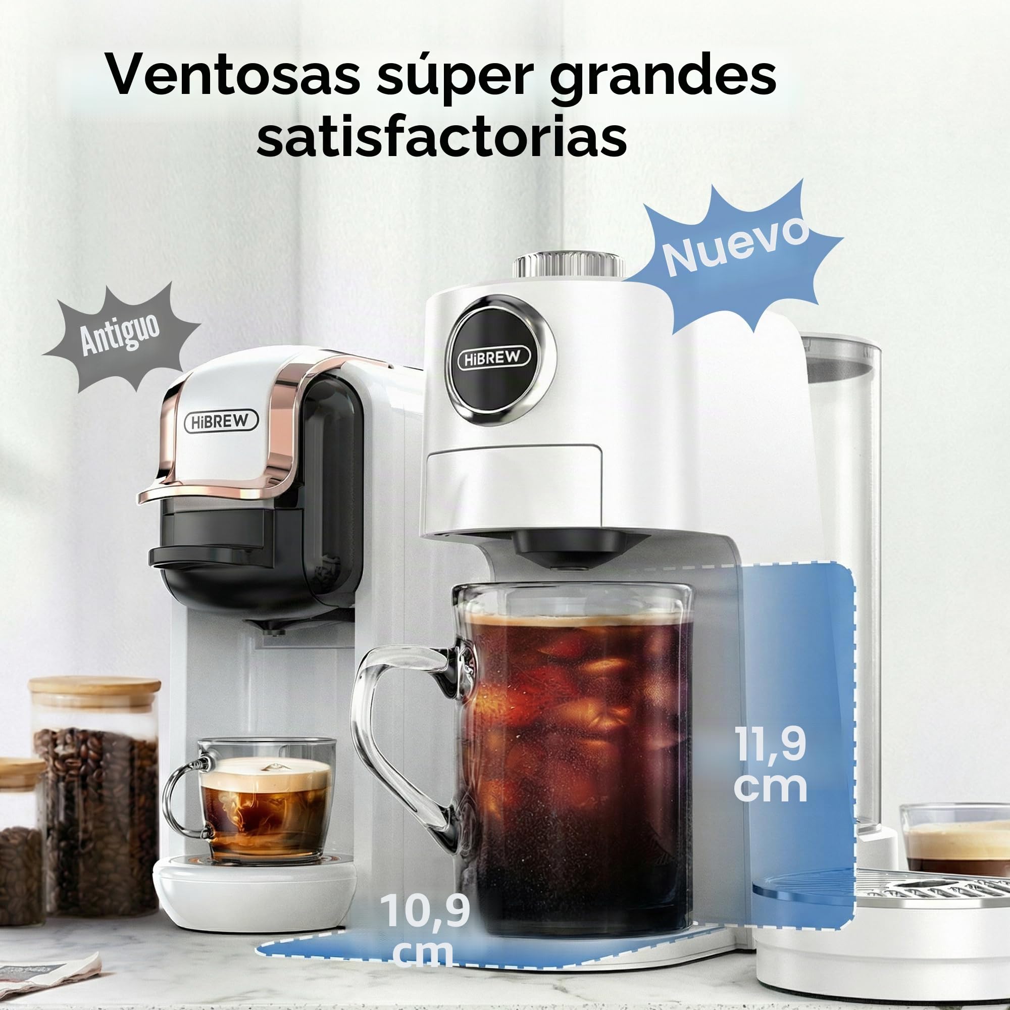 HIBREW H3C Cafetera Monodosis 3 en 1, 7 Niveles de Temperatura | Compatible con Ápsulas NS*/DG* y Café Molido, Depósito 1400ml Extraíble, Compacta para Casa Oficina Hotel