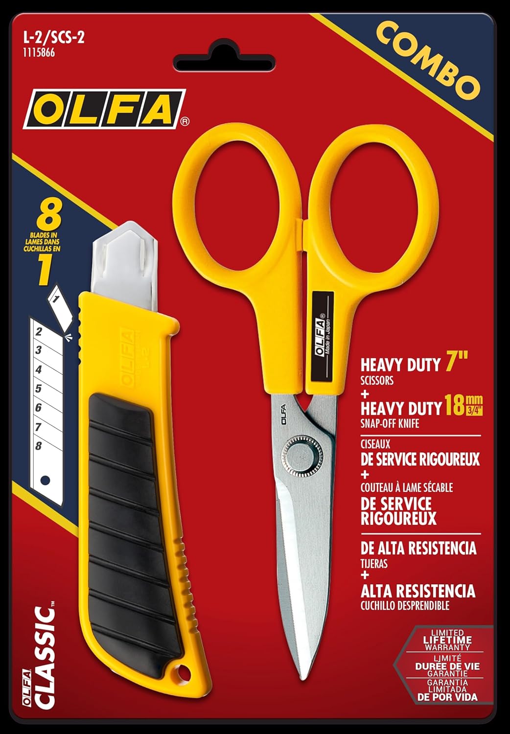 OLFA 18mm Heavy-Duty Utility Knife & 7" Scissors Combo Pack (L-2/SCS-2) - L-2 Snap-Off Knife w/Rubber Inset & SCS-2 Serrated Stainless-Steel Scissors, Replacement Blades: OLFA 18mm