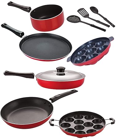 Nirlon nonstick Aluminium Utensils Set of 9 Pieces for Kitchen (2.6mm_FT13_SPB_TP_AP7_AP12_FP12_3SPN)