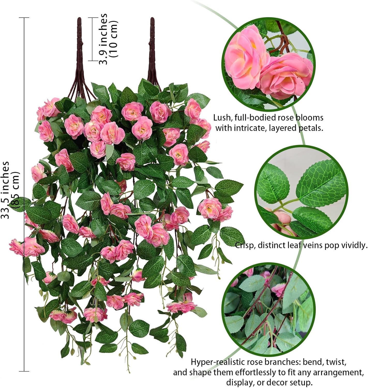 Artificial Flowers Realistic Roses for Decoration, 2Pcs Fake Hanging Roses Plants UV & Fading Resistant for Wedding Party Office Living Room Garden Indoor Outdoor Décor