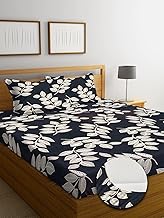 NEW LEAF Premium Cotton Elastic Fitted Bedsheets with 2 King Size Pillow Covers | Double Bed with All Around Elastic 220 TC Supersoft |Size-72 King Sizex78+10 inches | Floral, Black and White