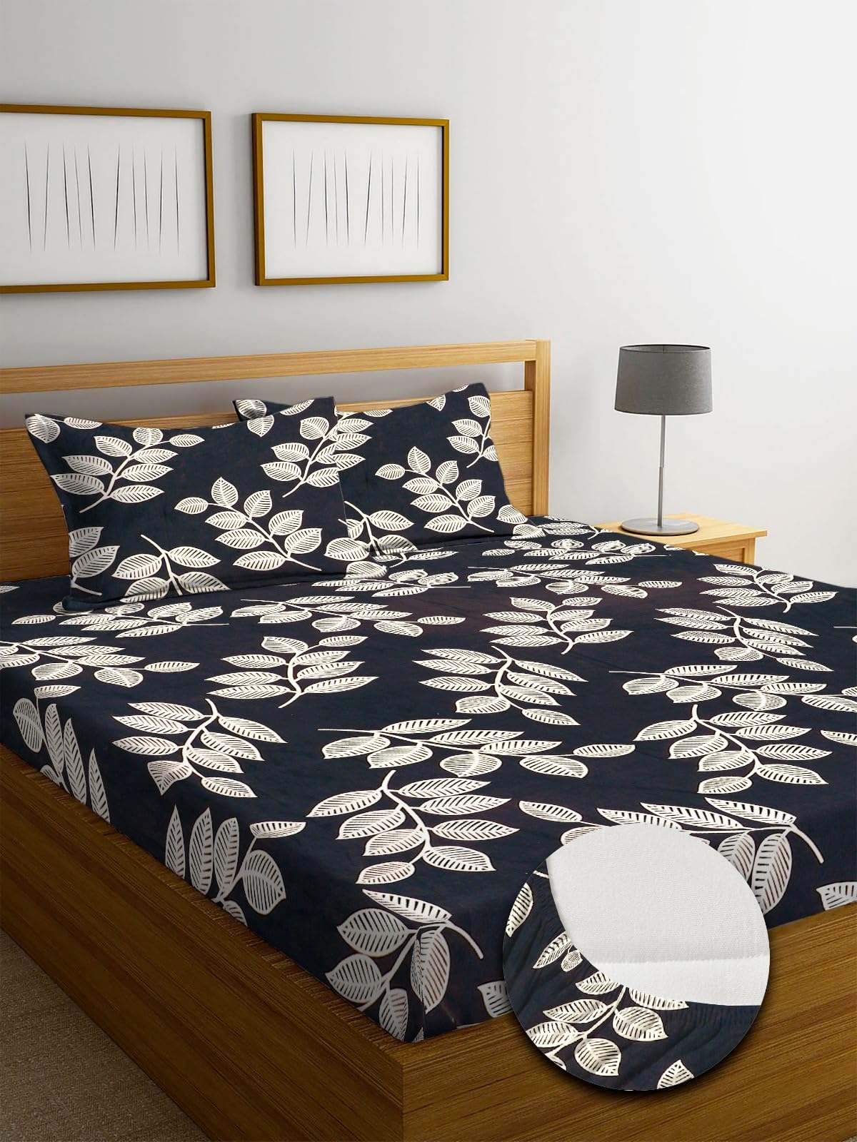 NEW LEAF Premium Cotton Elastic Fitted Bedsheets with 2 King Size Pillow Covers | Double Bed with All Around Elastic 220 TC Supersoft |Size-72 King Sizex78+10 inches | Floral, Black and White