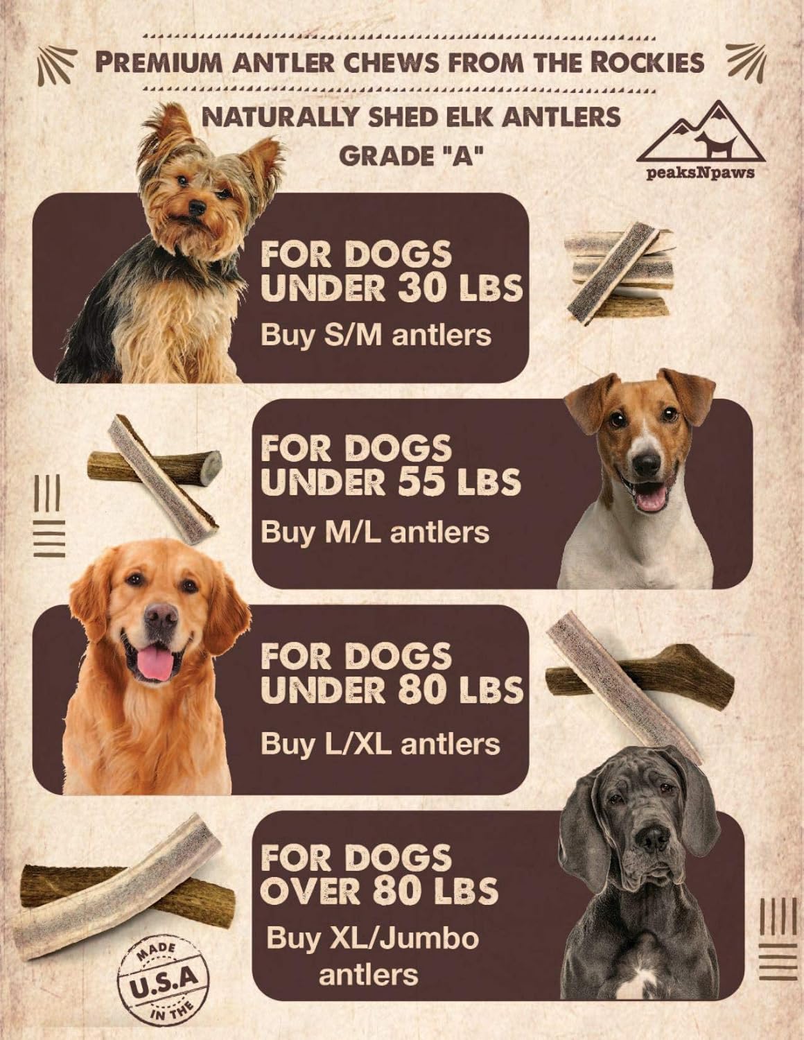 peaksNpaws Premium All-Natural Grade A Split Elk Antlers for Dogs – Naturally Shed in The Rocky Mountains – No Additives, No Preservatives - Healthy and Delicious Treat - Made in USA - M/L Split