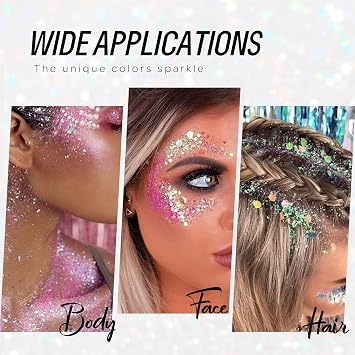 Christmas Face Body Hair Glitter Gel, Gold White Red Sliver Snowflake Holographic Colorful Chunky Festival Rave Accessories Glitter Makeup, 6 Kinds of Sparkling Sequins for Christmas