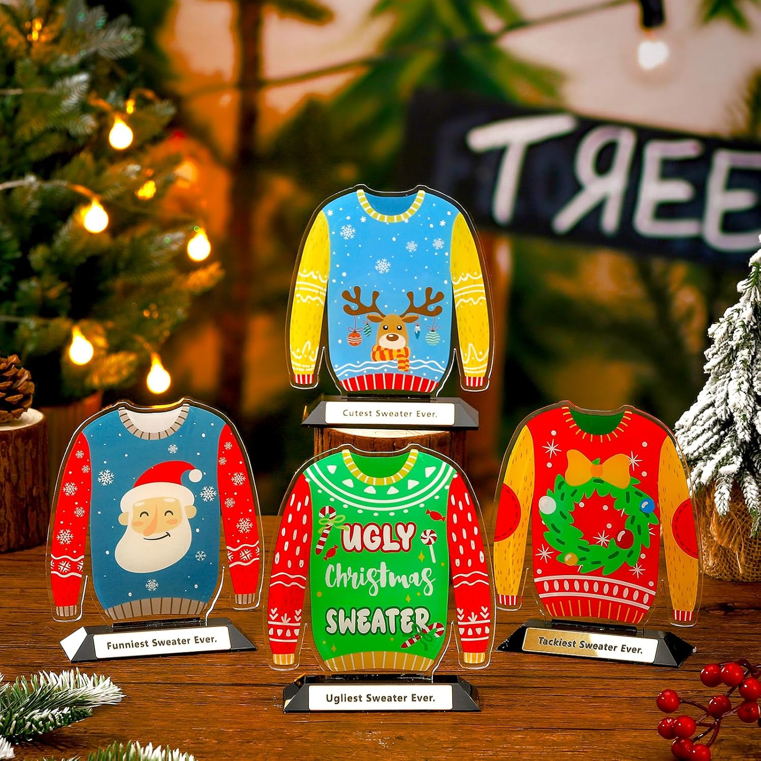 Soaoo 4 Pcs Ugly Christmas Sweater Trophy 5.31" Acrylic Christmas Sweater Party Trophy Awards Prizes Funny Costume Xmas Gifts for Adults Holiday Party Decorations