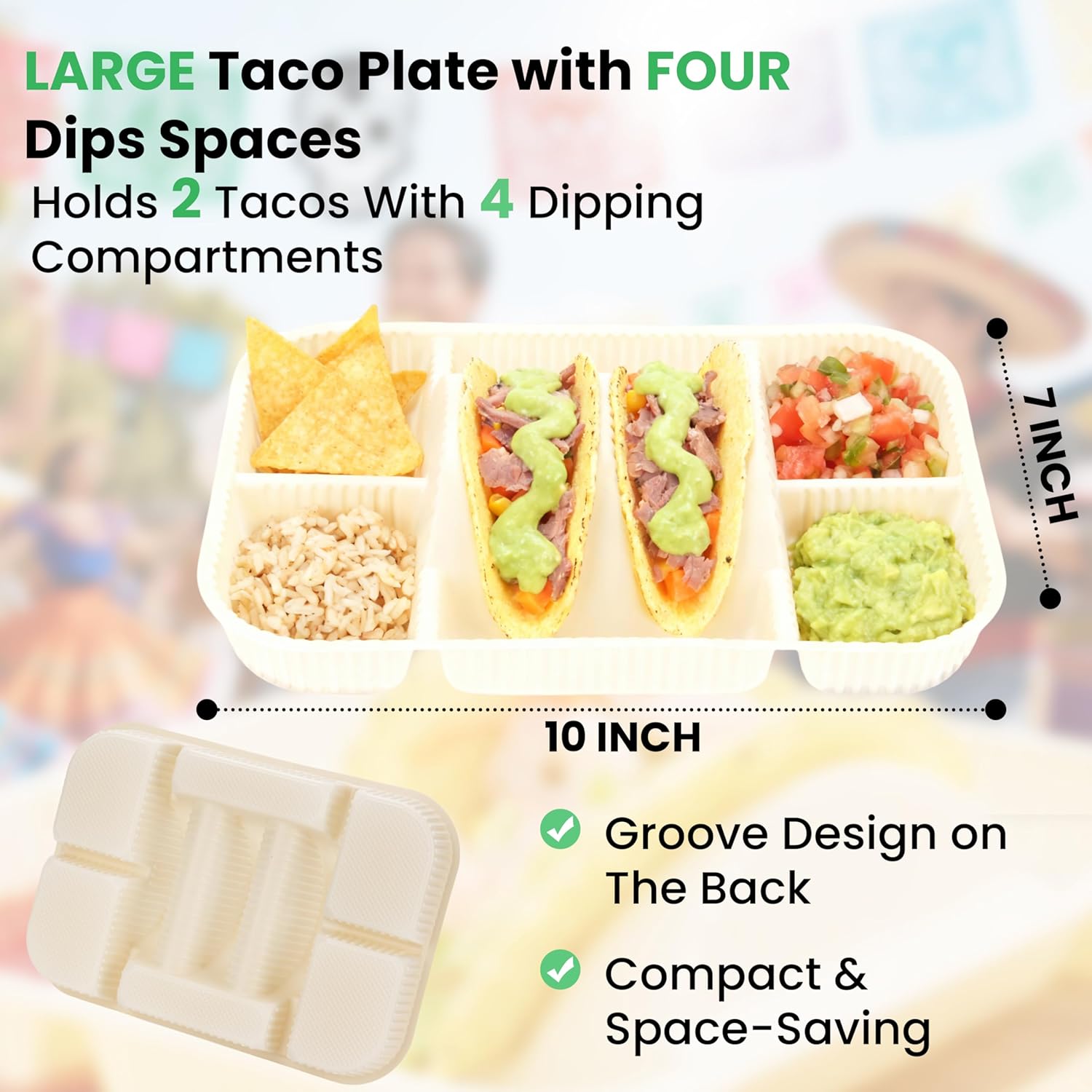 4-Compartment Disposable Taco Plates for 2 Tacos & 4 Sides | Extra-Deep Raised Edge| Biodegradable Cornstarch| Microwave Safe | Perfect for Tuesday, Parties, Fiesta, Nights, Bars | 50-Pack