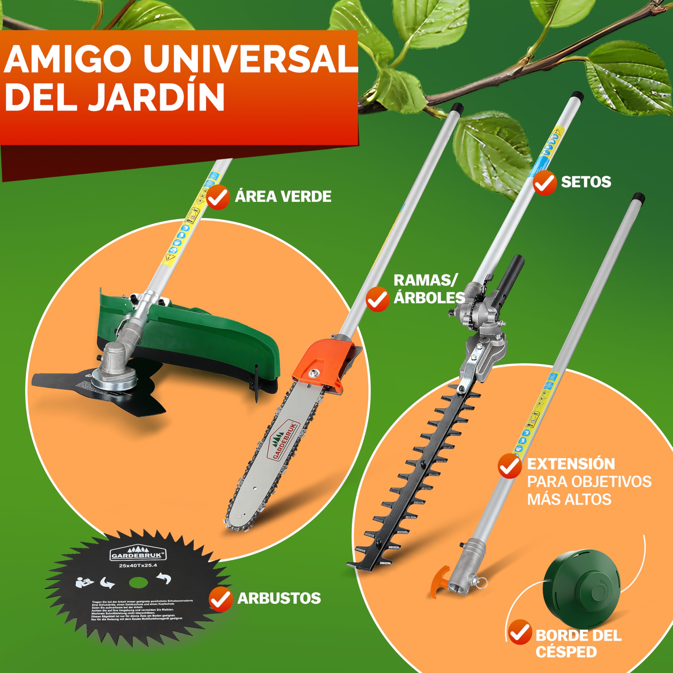 GARDEBRUK® Desbrozadora Gasolina Multifunción 5en1 Cortasetos Portátil Podadora Extensión 1m Motor 2 Tiempos 52 CC Correa Hombro Ajustable Mango Largo
