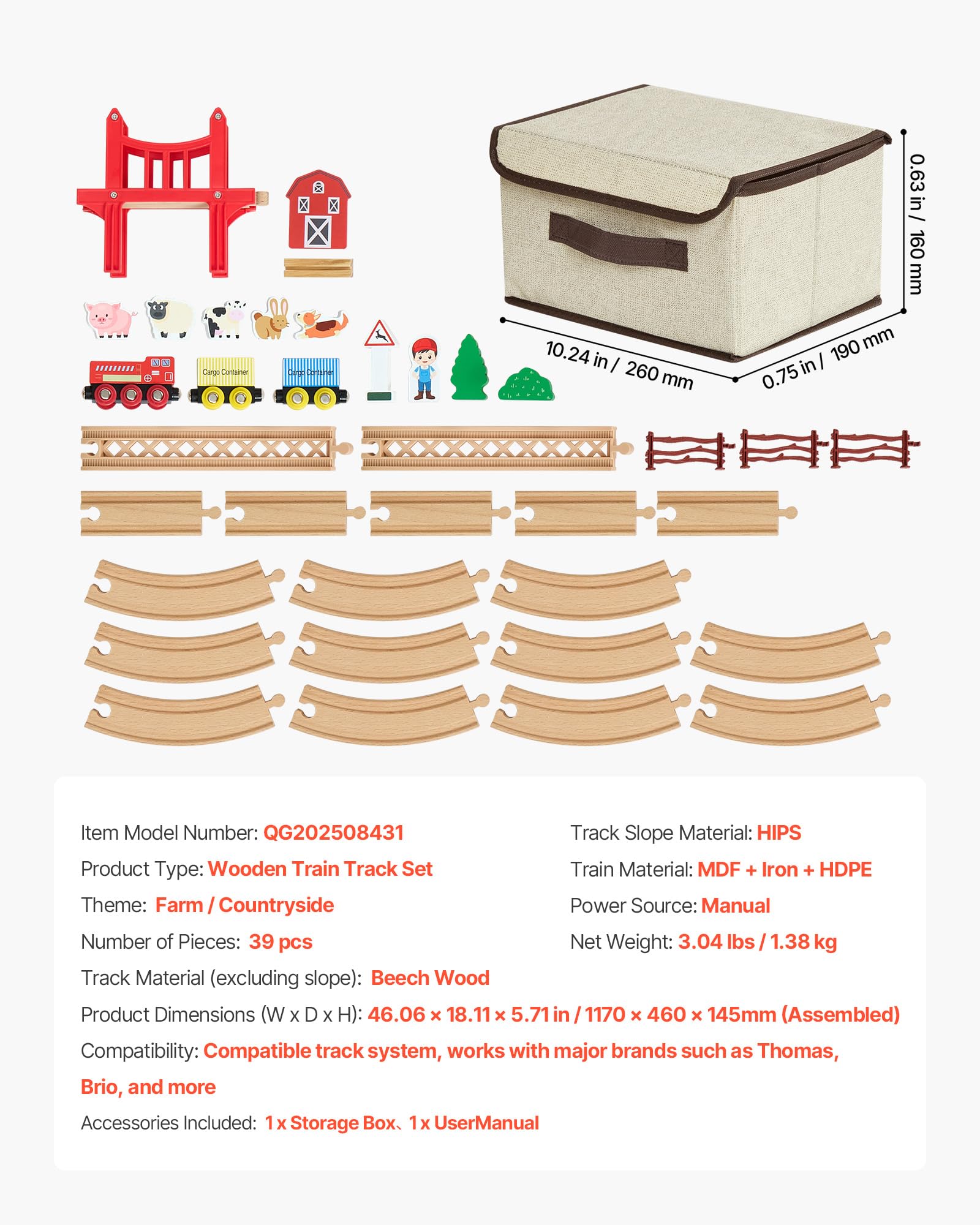 VEVOR Trenino in Legno per Bambini 39 Pezzi, con Treni Magnetici e Accessori Ferroviari, Compatibile con le Principali Marche, Giocattolo di Compleanno di Natale per Bambini dai 3 agli 8 Anni