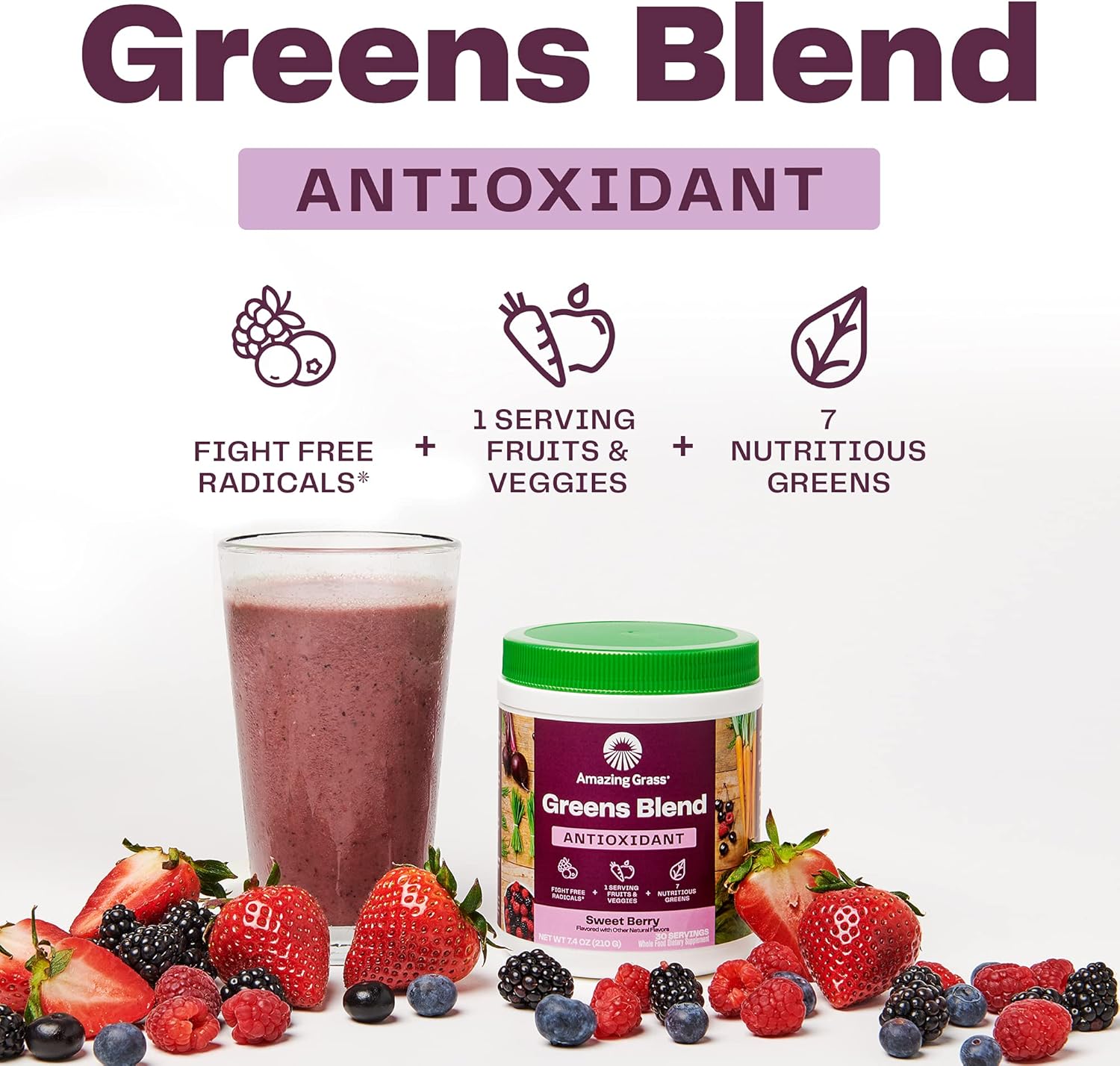 Amazing Grass Greens Blend Antioxidant: Super Greens Powder with Spirulina, Beet Root Powder,Elderberry & Probiotics, Sweet Berry, 100 Servings (Packaging May Vary) : Powdered Drink Mixes : Health & Household