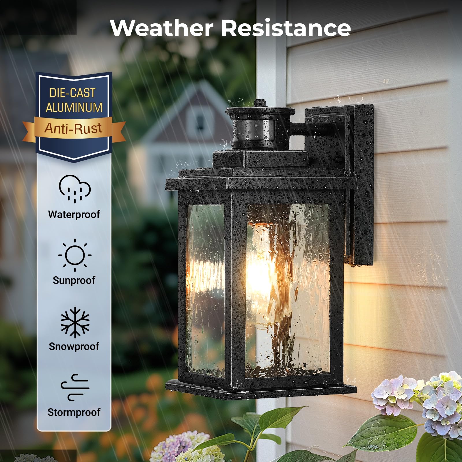 VIANIS Aussenlampe mit Bewegungsmelder, Schwarz Ausenbeleutung Hauswand, Wetterfeste Außenwandleuchte aus Aluminium, Moderne Außenlampe Wand mit Wellenglas, Außenleuchte E27 für Haus, Terrasse, Flur