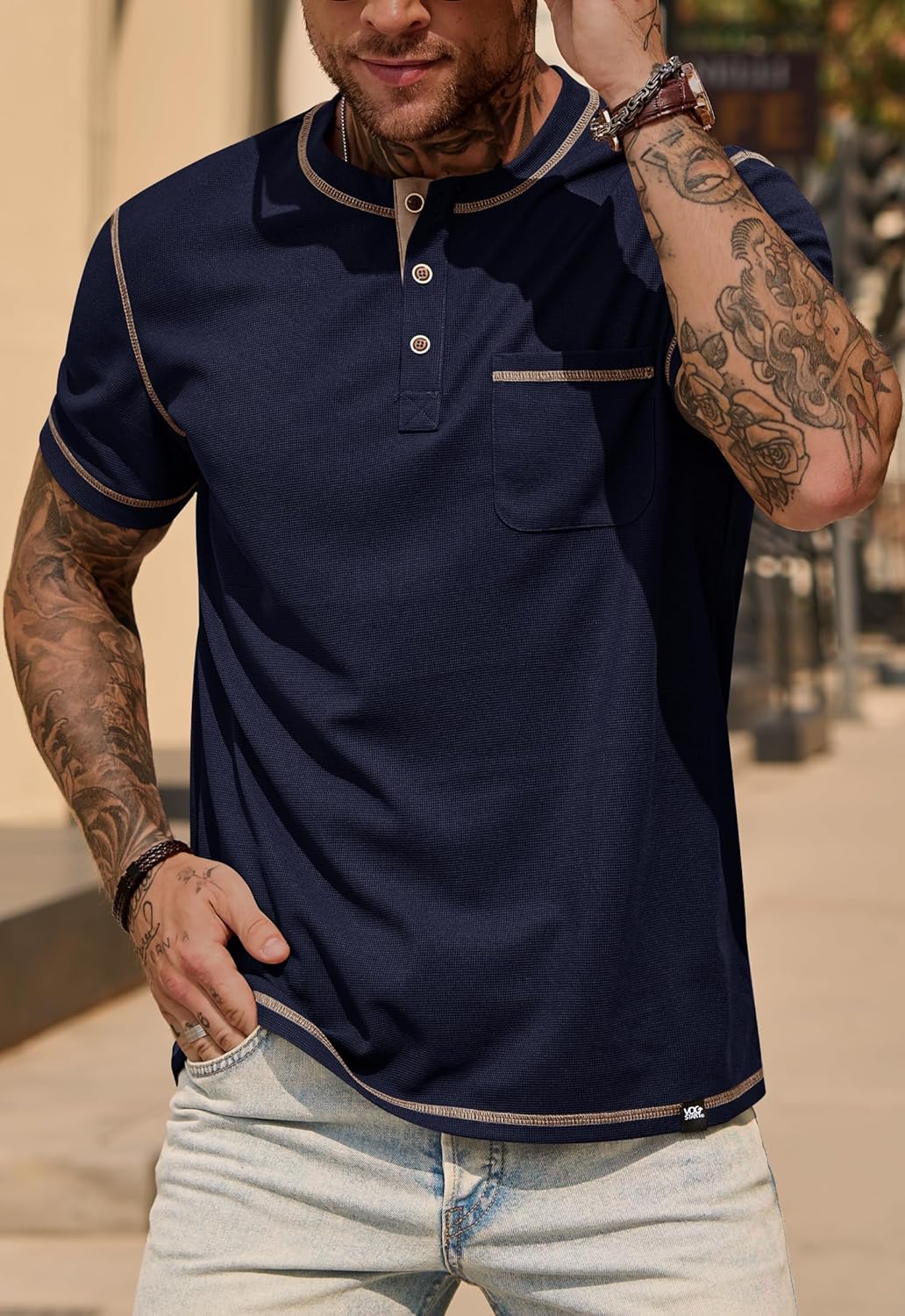 Mens Henley Shirts Casual Waffle Stretch Summer T-Shirt with Pocket (S-XXL) - Image 3