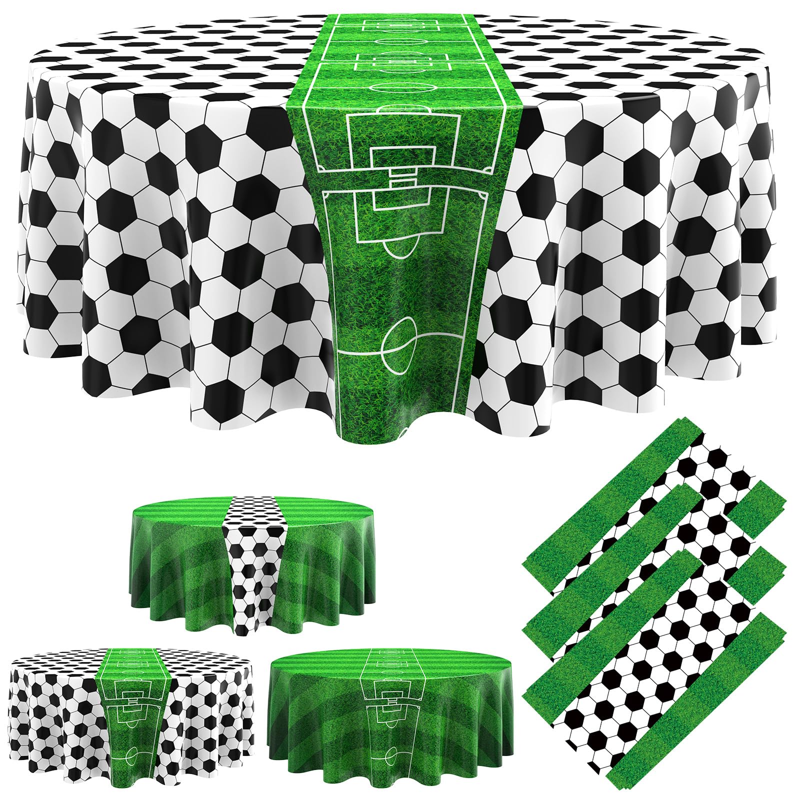 Oudain 6 Pcs Round Soccer Party Table Cloth Plastic 84 Inch Soccer Theme Tablecloth Green Grass Disposable Sports Field Ball Table Cover for Birthday