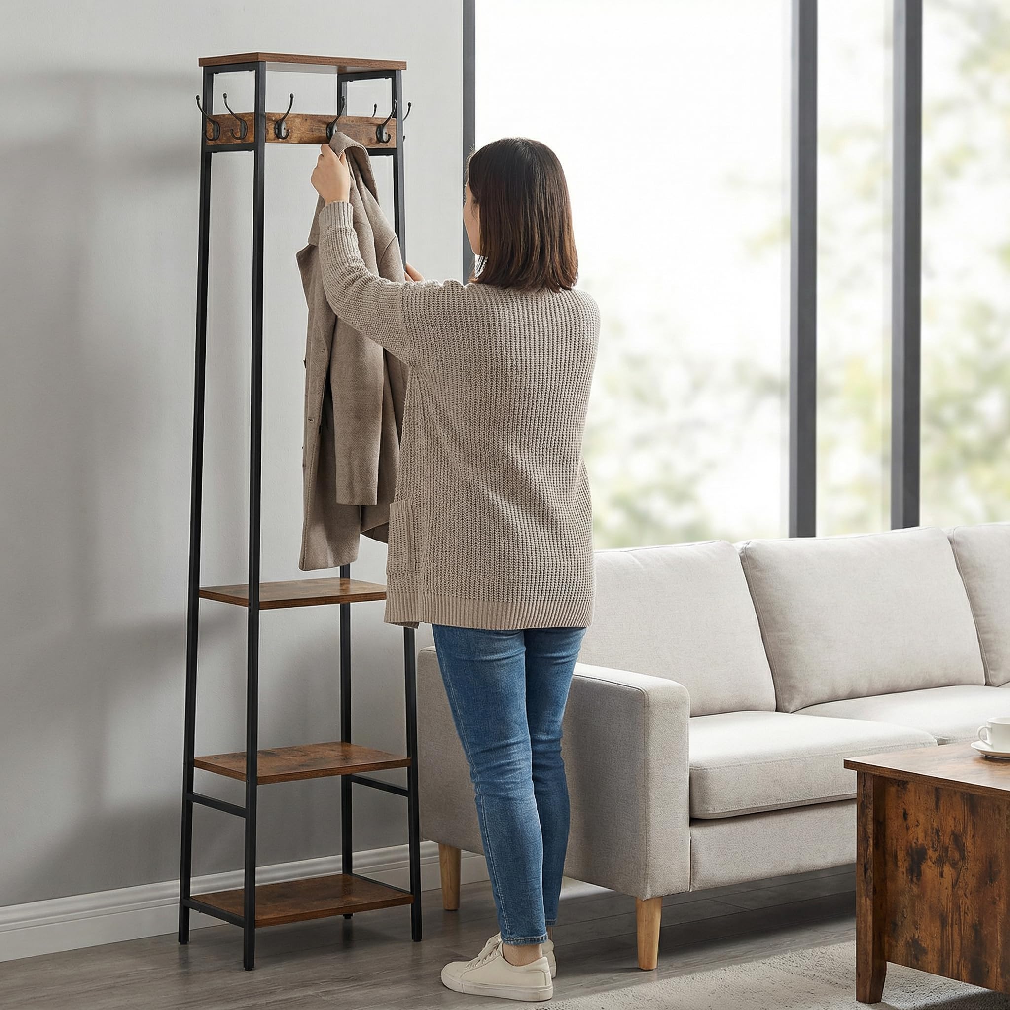 Freistehender Garderobenständer, Garderobe mit 3 Regalen und 7 Haken, Hall Tree Stehorganizer, Kleiderständer Organizer, Industriestil, Rustikales Braun & Schwarz