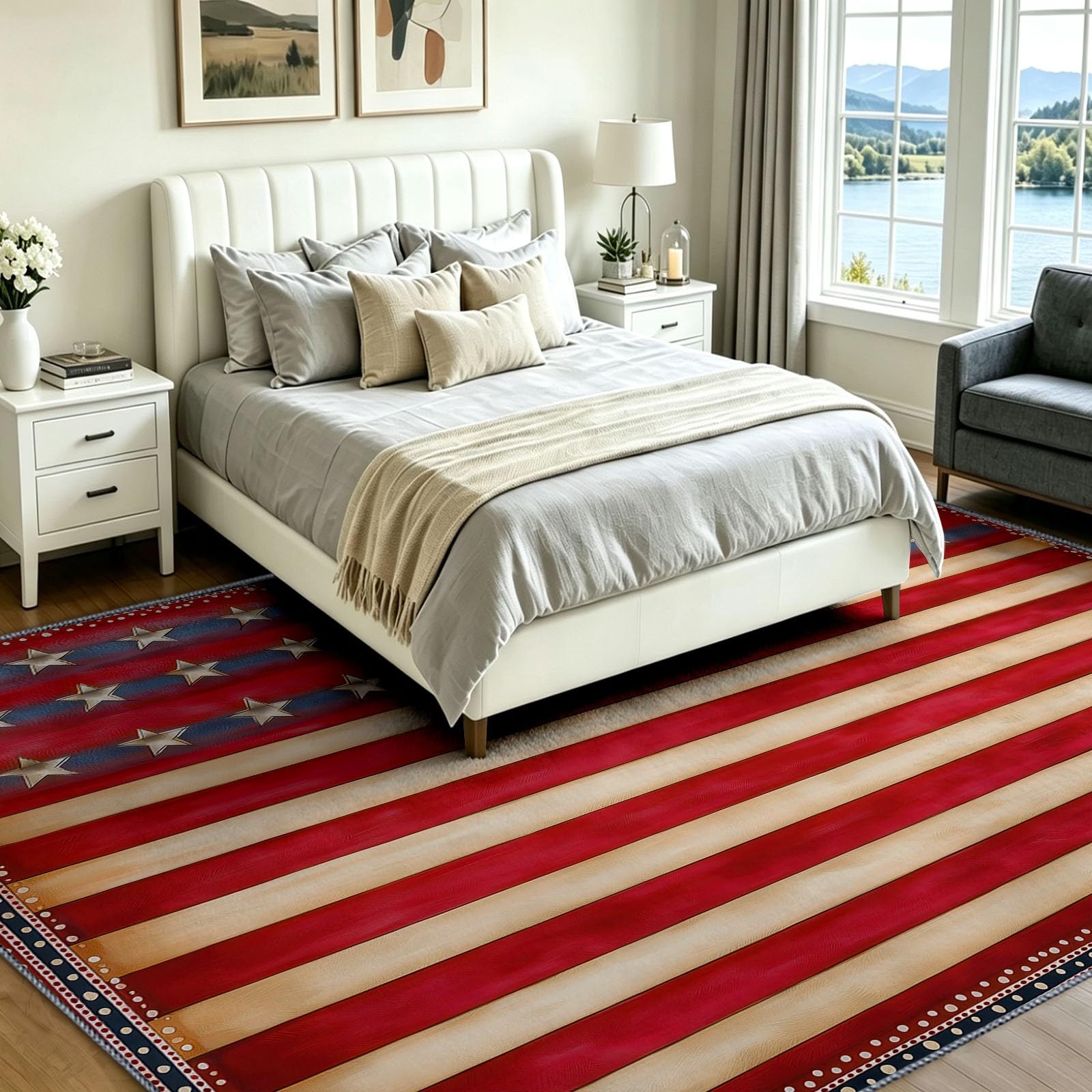 Tapis Drapeau Américain 120 x 170 cm Salon Chambre Tapis Rouge Antidérapant Lavable Doux Poils Courts Rayures Géométrique Paillasson Interieur pour Salle à Manger Cuisine