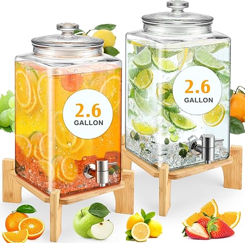 Juego de 2 dispensadores de bebidas de vidrio de 2.6 galones con soporte de madera, dispensadores grandes de bebidas de agua para fiestas con tapa disponible en Yaxa Colombia