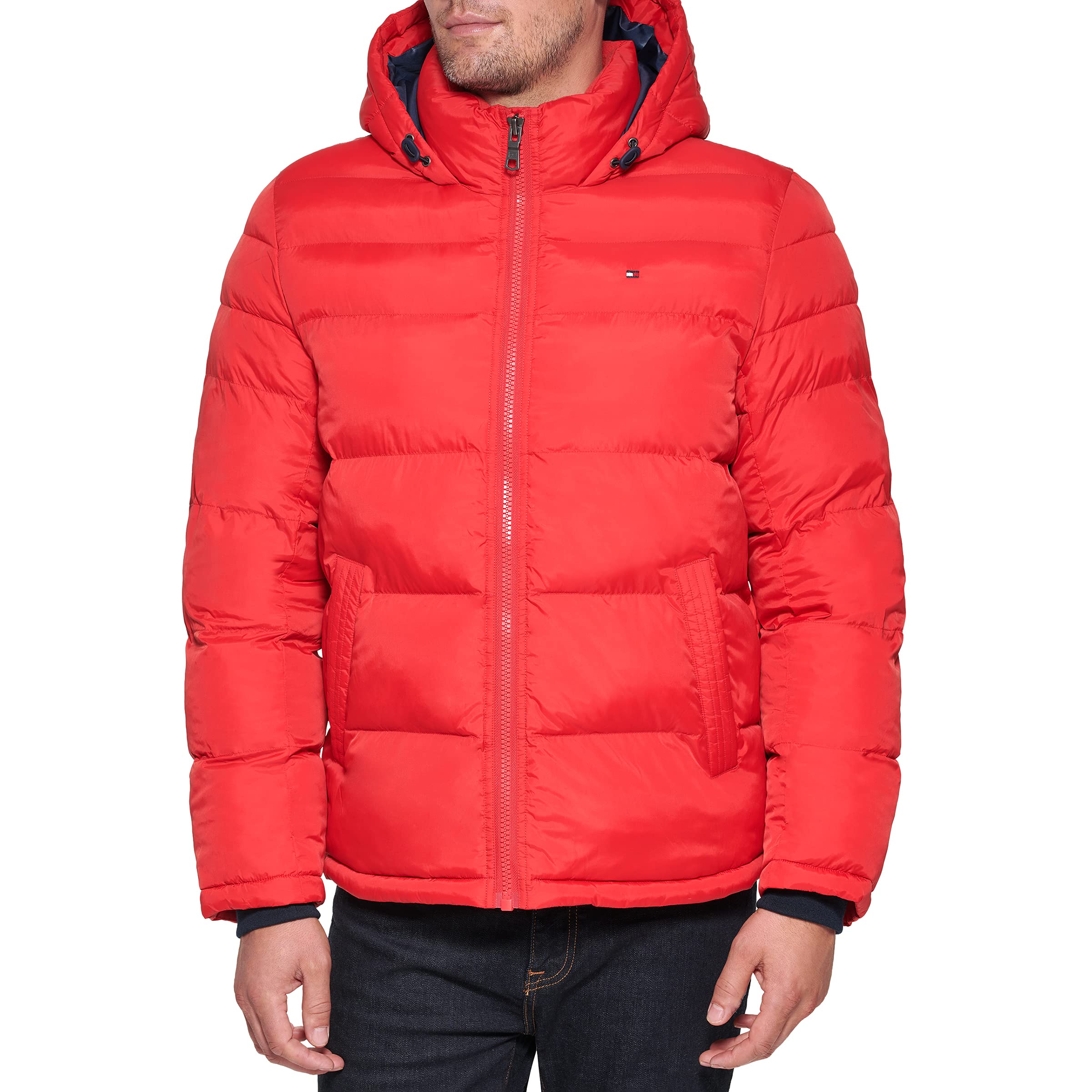 Tommy Hilfiger Men's Down Alternative Hooded Puffer Jacket (Standard and Big & Tall) Coat, Orange Burst, M