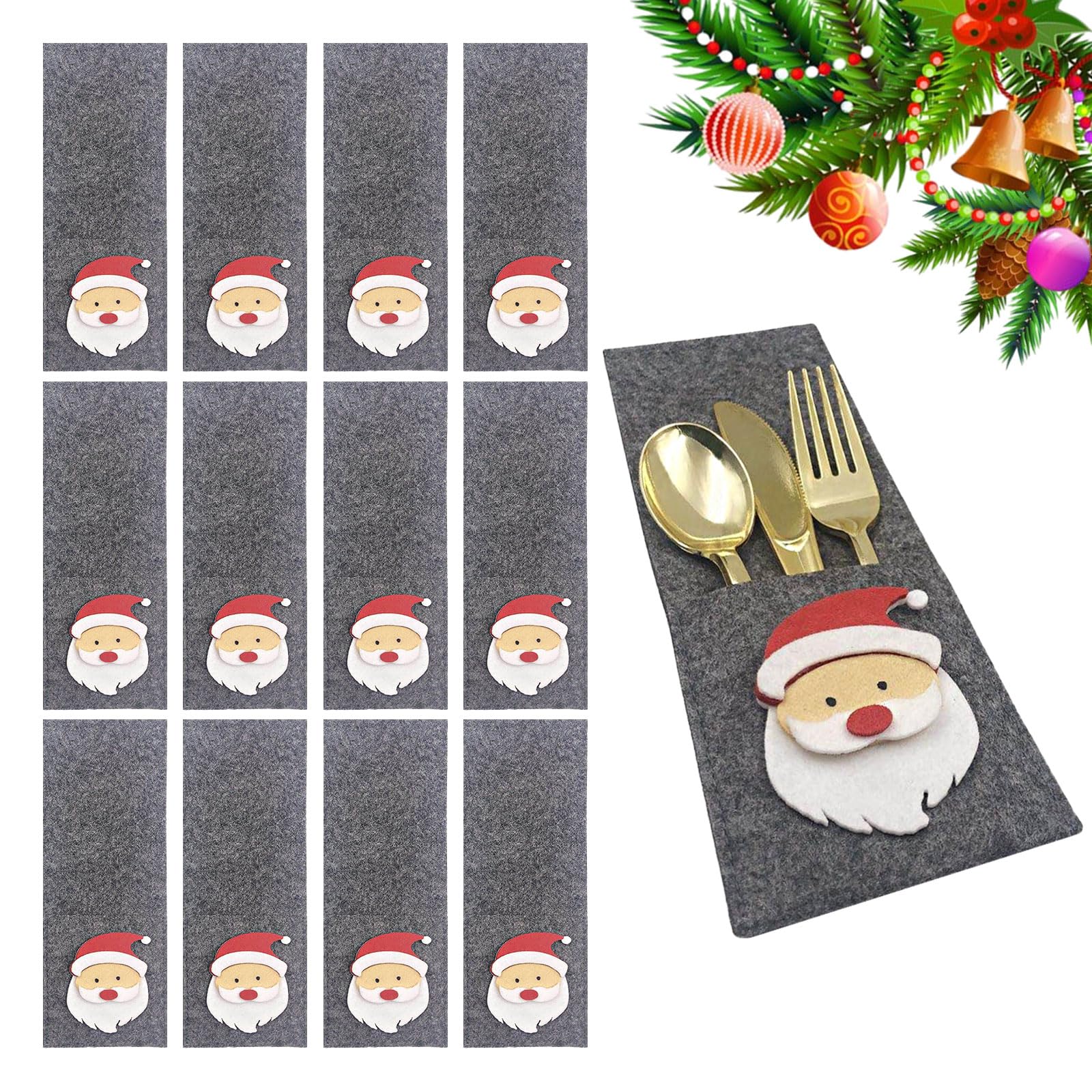 LUISAS Porta Cubiertos De Fieltro Navideño, 12 Piezas Porta Cubiertos Navideños Bolsa De Vajilla Navideña, Centros De Mesa De Ciervo De Papá Noel Decoración De Fiesta Navideña