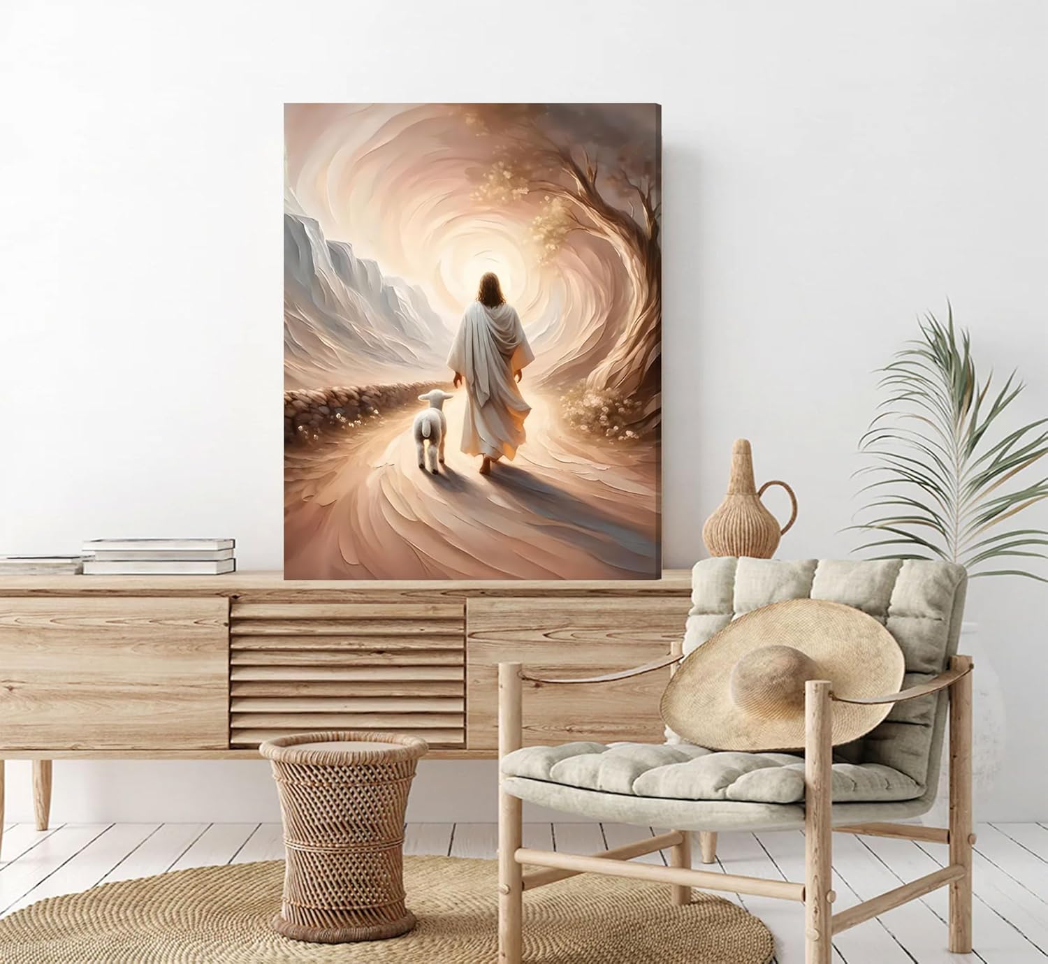 Jesus Leaves The 99 Sheep Canvas Wall Art Jesus And Lamb Picture Wall Decor Christ The Good Shepherd Lost Lamb In Poster Print Painting for Living Room Bedroom Church Home Decoration Prepare To Hang - Image 5