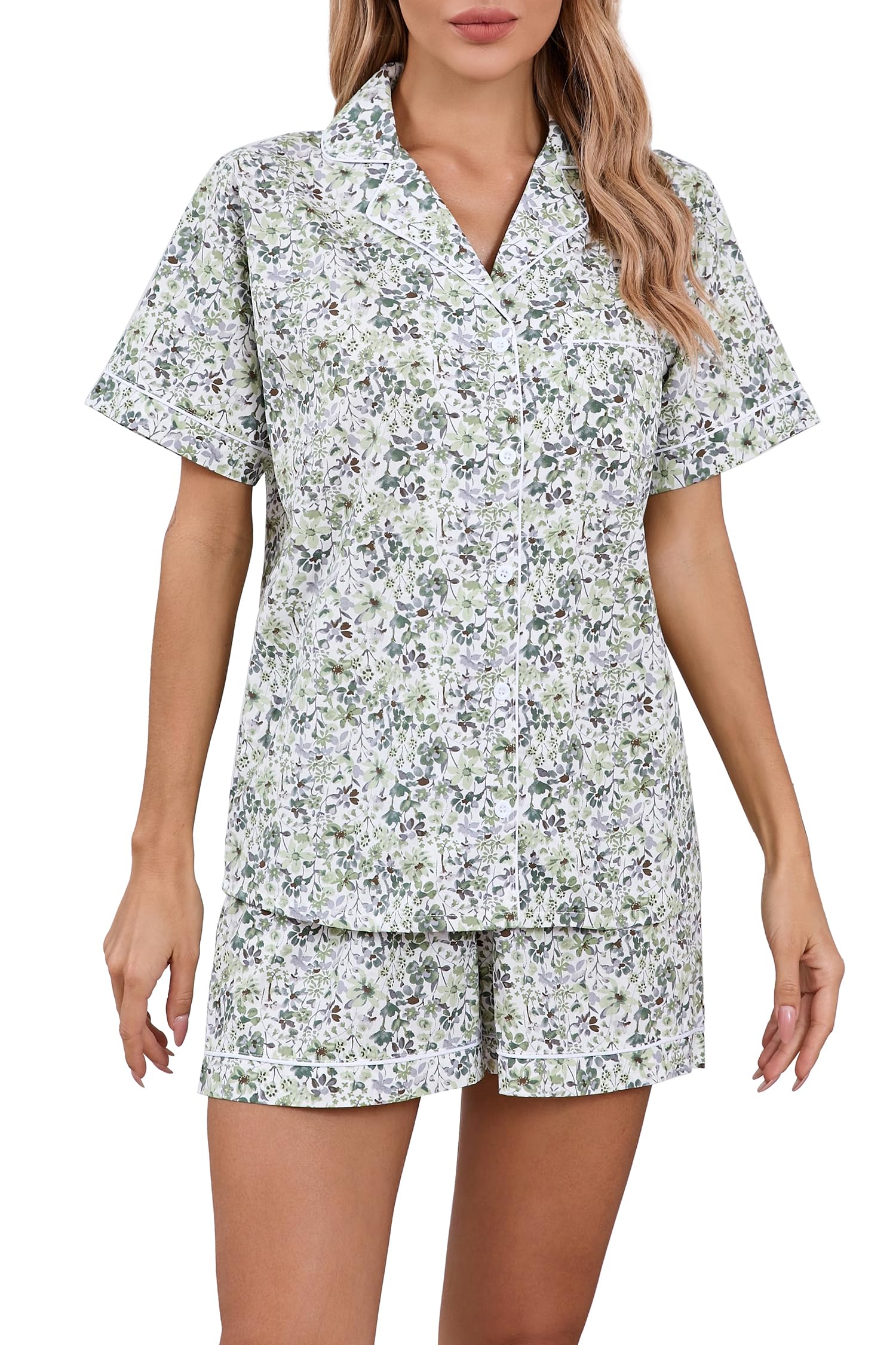 LUBOT 100% Cotton Pajamas for Women 2 Piece PJ Set Poplin Woven Lightweight Ladies Button Short Sleeve Sleepwear S-XXL