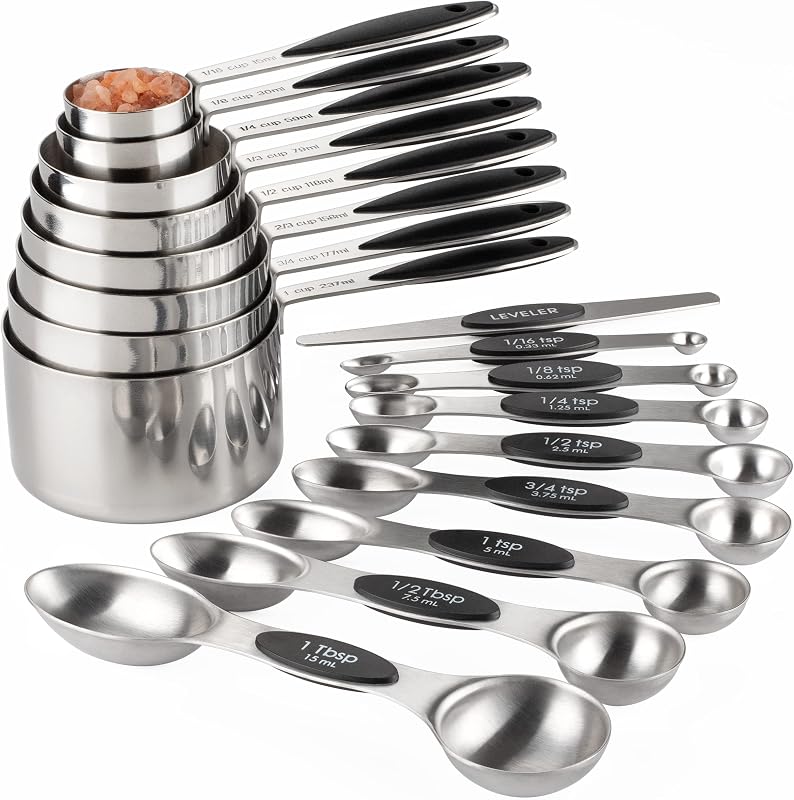 Juego de tazas y cucharas medidoras de 17 cucharas medidoras magnéticas de doble cara | Juego de cucharas medidoras magnéticas anidadas de tazas medidoras de acero inoxidable con 1 nivelador para ingredientes secos y líquidos