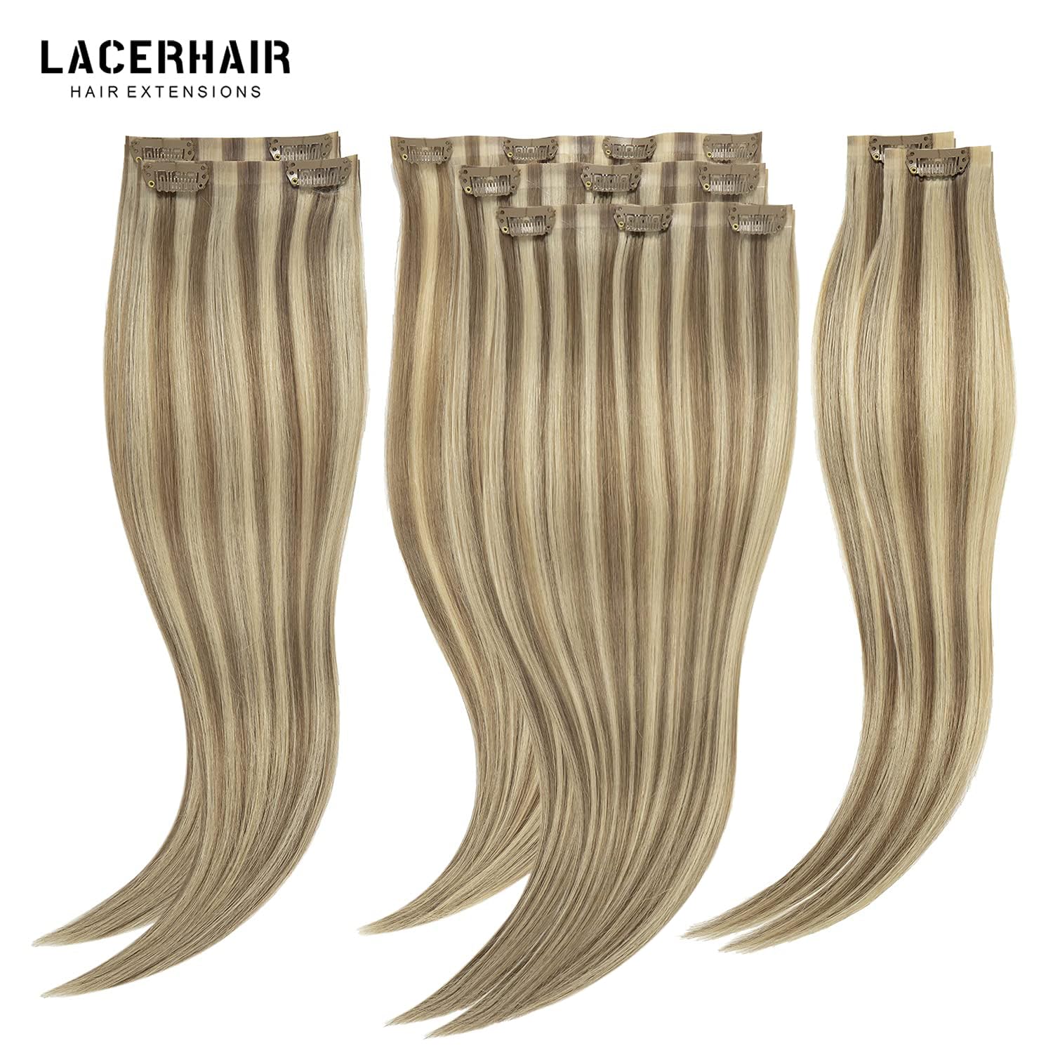 Lacer Hair 7 Pcs Seamless Clip in Hair Extensions Human Hair Ombre Color Light Brown Highlighted Platinum Blonde 110g Thick Ends Remy Hair Extensions Clip in Full Head Natural Real Human Hair 18 Inch