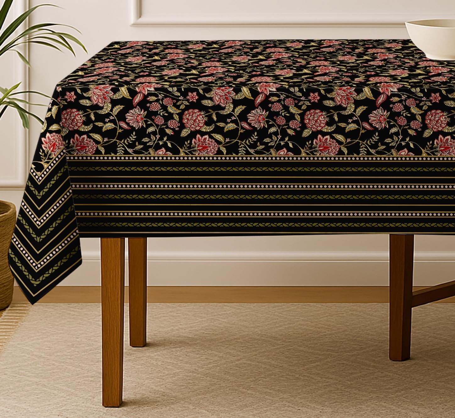 Floral Print Tablecloth - Black Cotton Twill Fabric, 54X54 Inch Square Dining Table Cover for 4 Seater, Durable, Machine Washable, Everyday Dining, Matching Napkins & Available