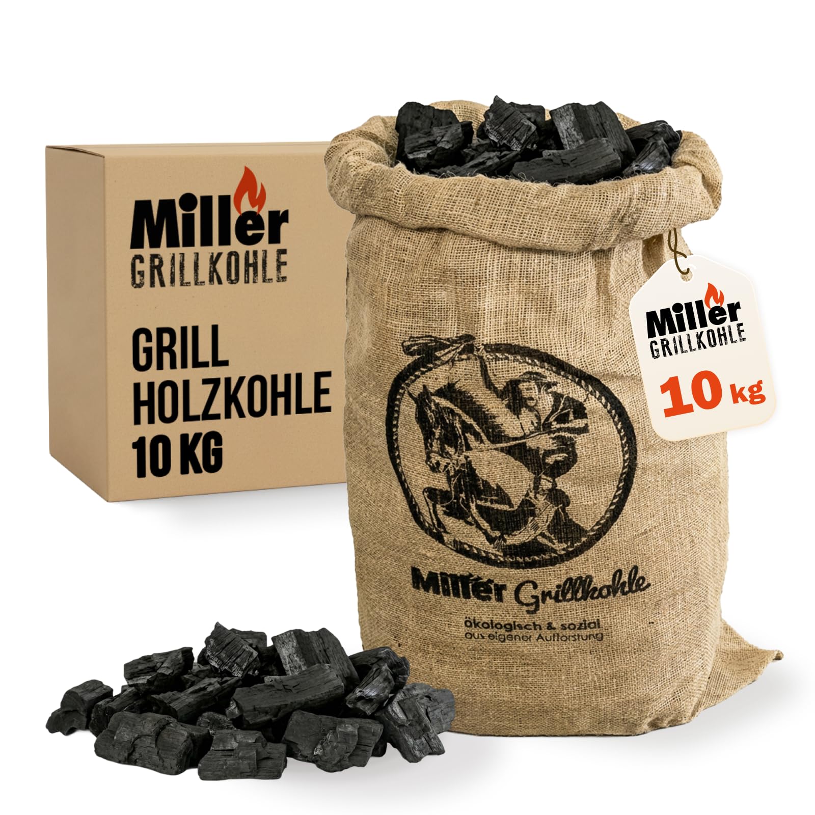 Holzkohle 10 kg – rauchfrei, Lange Glut & hohe Temperatur – 100% Eukalyptus, nachhaltig im Jutesack
