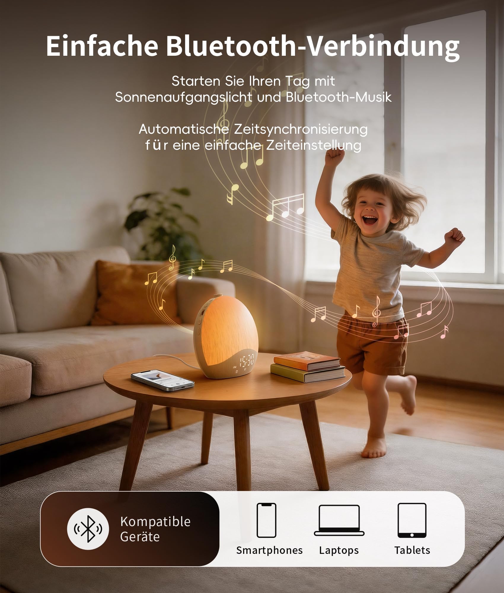 ecozy Tageslichtwecker, Bluetooth-Zeitsynchronisierung, Lichtwecker | 26 Schlafklänge, 17 Nachtlichter, Weißes Rauschen, Baumwoll-Leinen, Sonnenaufgang Wecker für Tiefschläfer/Kinder/Schlafzimmer