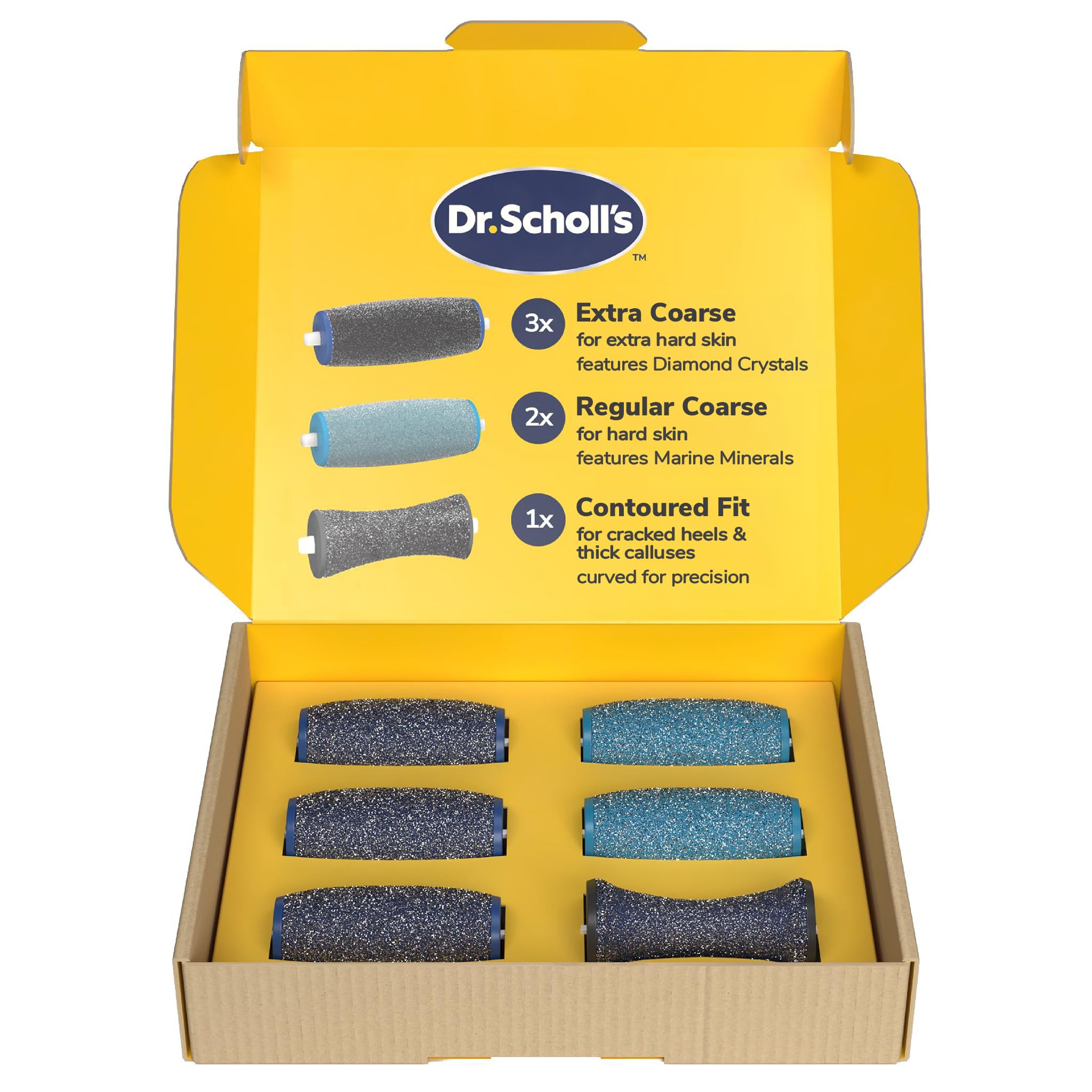 Dr. Scholl's Electric Foot File Replacement Roller Heads - Buffs Away Stubborn Calluses, Includes 3X Extra Coarse, 2X Regular, 1x Contoured Fit Head, Rinsable, with Marine Minerals & Diamond Crystals