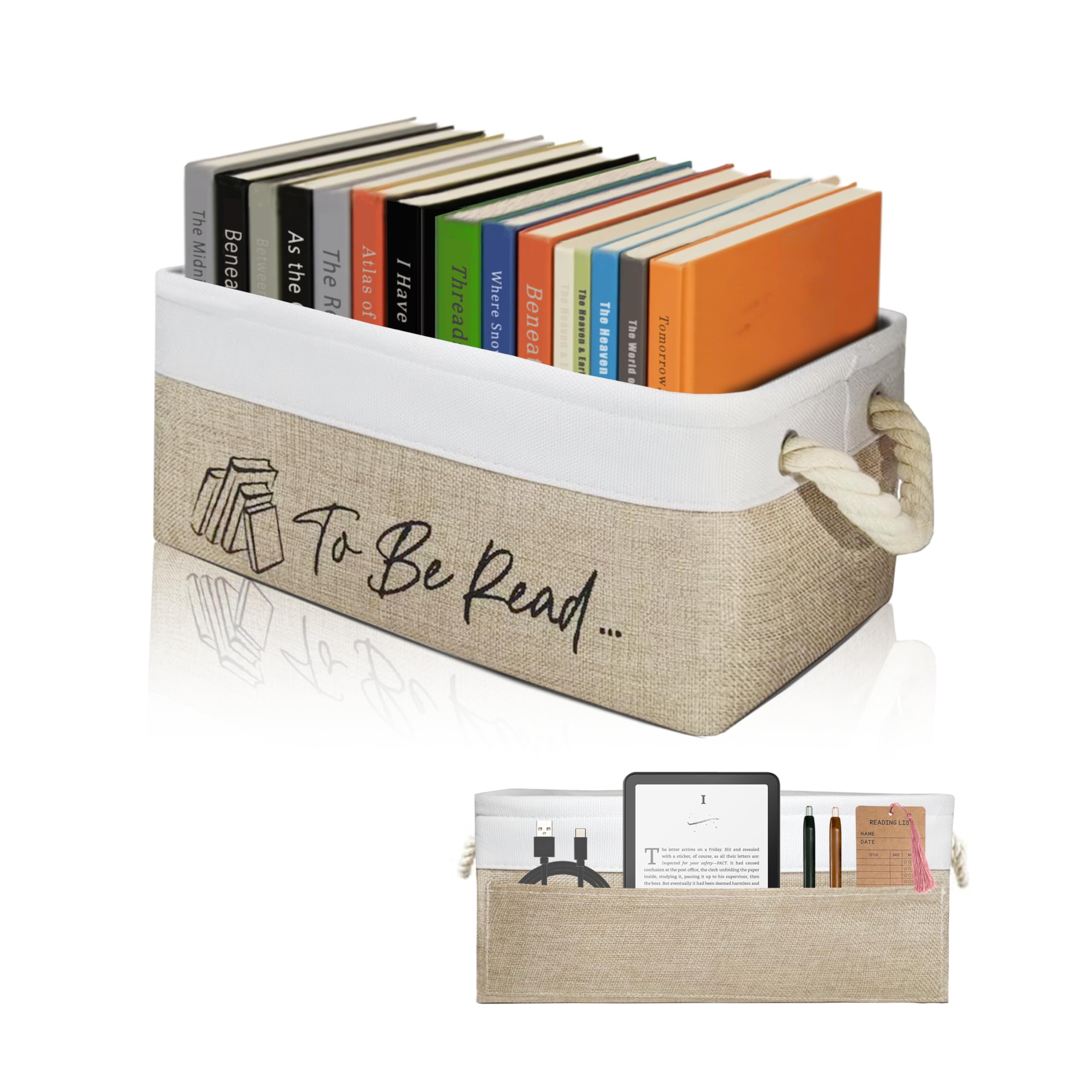 TBR - Cesto portaoggetti per libri con tasca laterale per essere letti, accessori per la lettura, per membri di club e bibliotecari, regalo per libri (bianco e marrone)