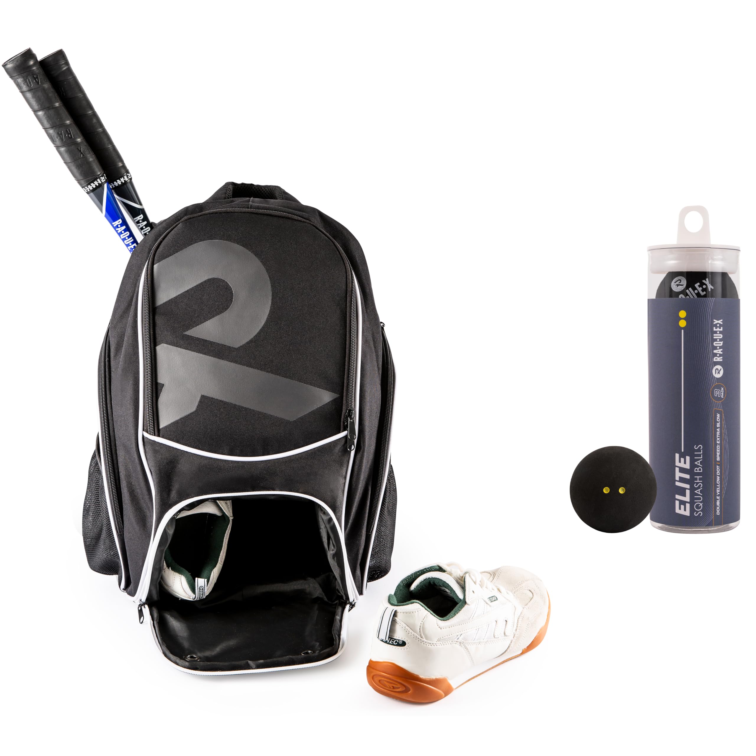 Raquex Racket Sports Backpack - for 1 Tennis Racquet or 2 Squash or Badminton Racquets. Rucksack for Rackets + Shoes + Laptop + Water Bottle (+ 3 Squash Balls, Double Yellow Dot)