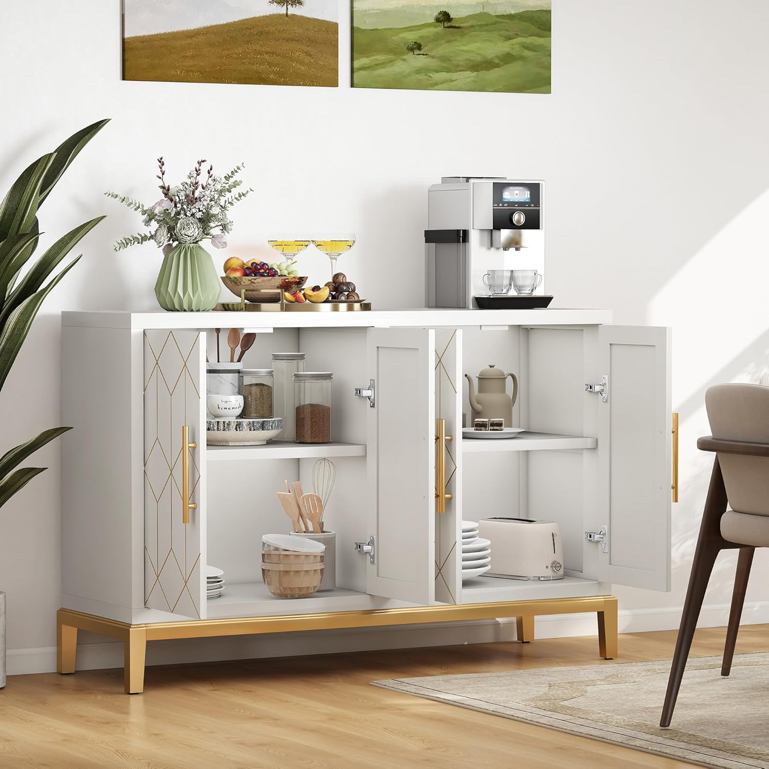 47.8" Accent Storage Cabinet with 4 Doors, Modern Sideboard Buffet Cabinet with Gold Lines, Wood Decorative Credenza with Storage for Living Room, Kitchen, Dining Room, Entryway, White